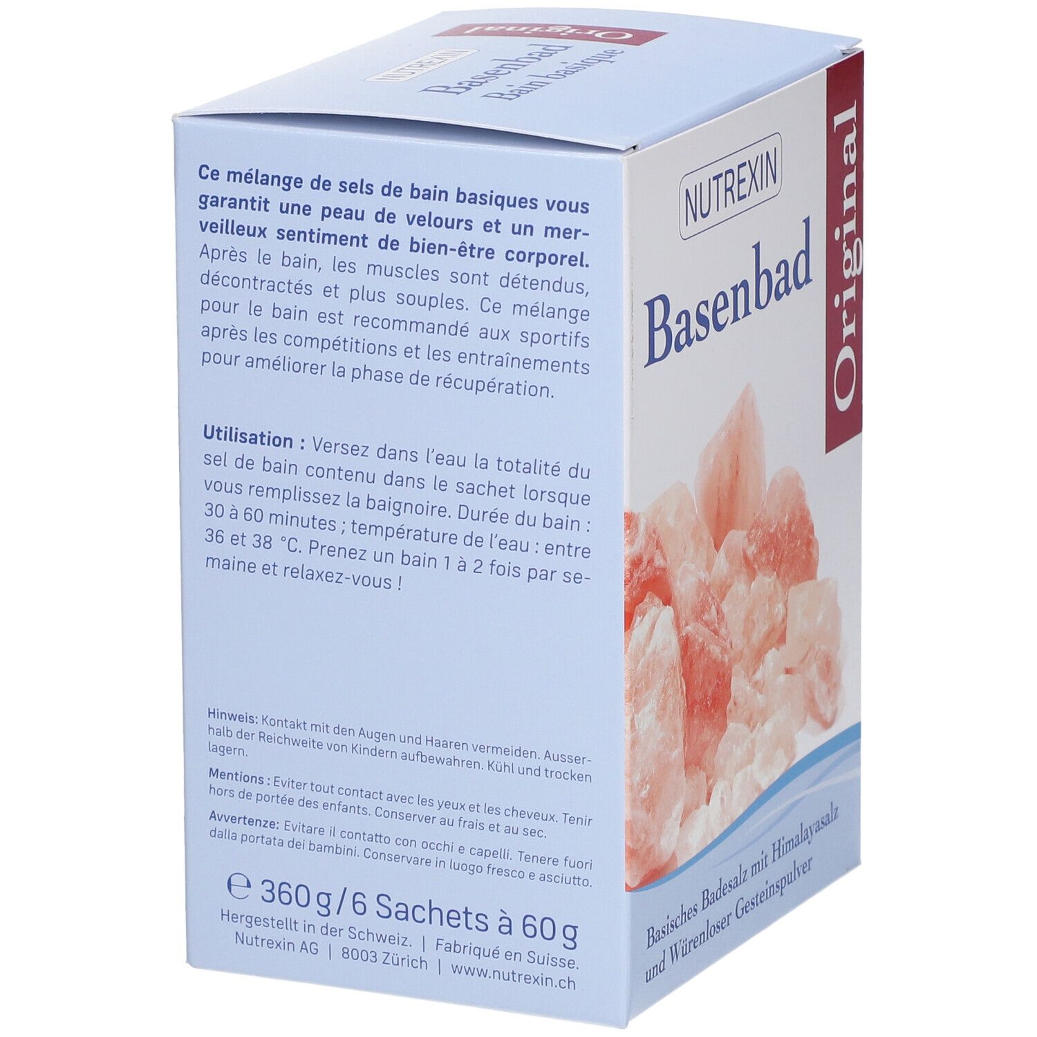 Rückseite der Schachtel. Text in Deutsch und Französisch. Produktname: "NUTREXIN Basenbad Original". Inhalt: 360g/6 Beutel.