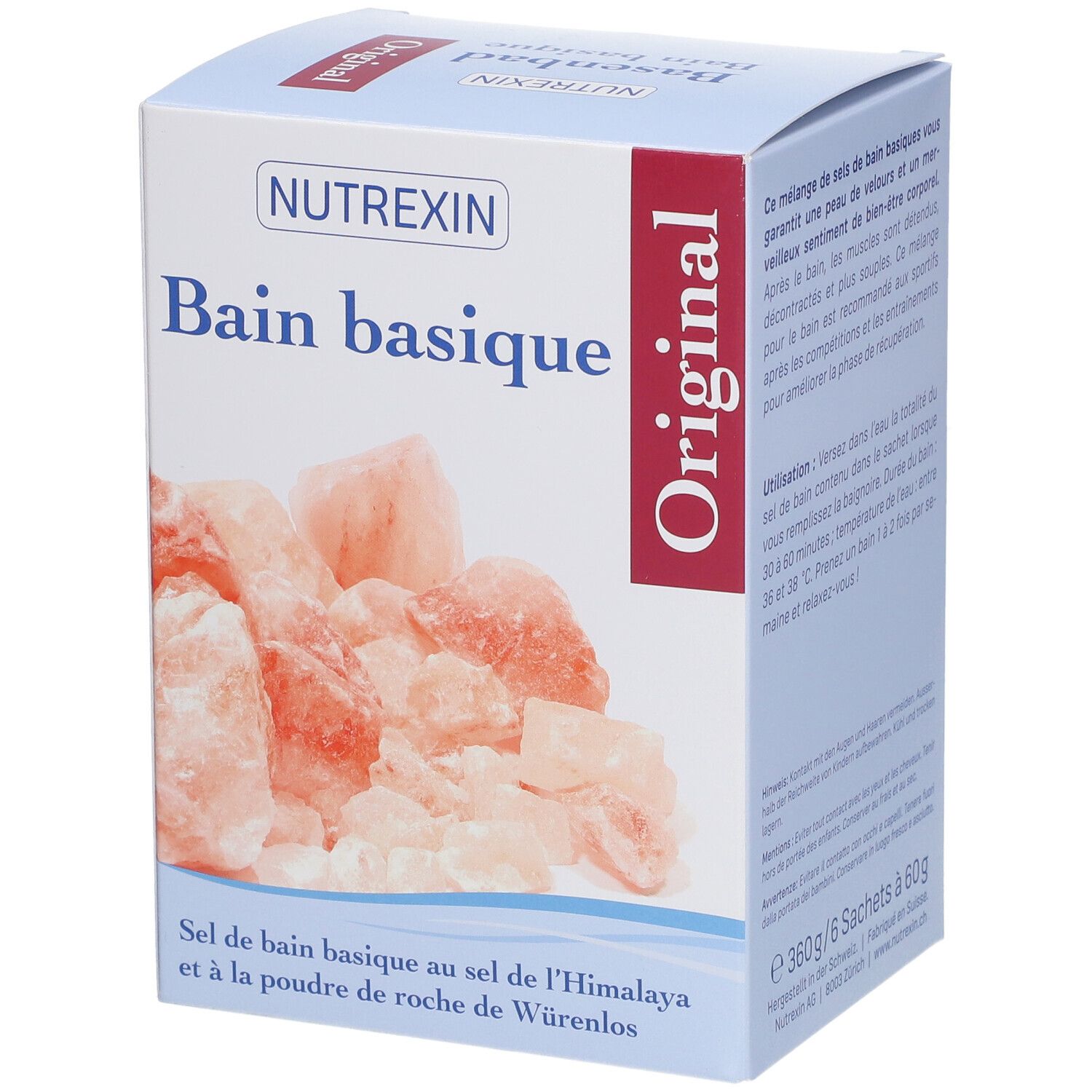 Schachtel mit "NUTREXIN Bain basique Original". Rosa Kristalle. Text: "Sel de bain basique au sel de l'Himalaya".