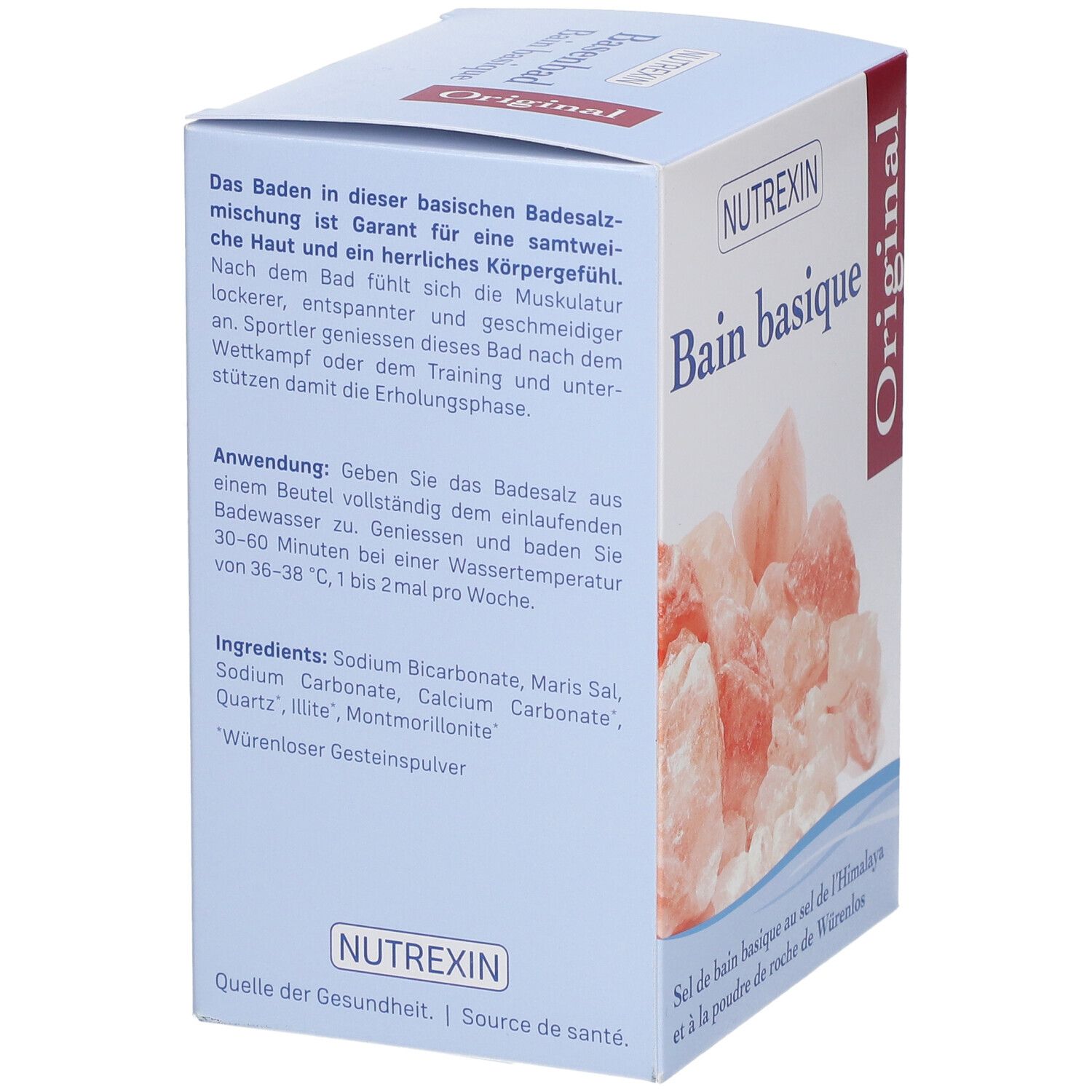 Rückseite der Schachtel. Text in Deutsch und Französisch. Produktname: "NUTREXIN Bain basique Original". Rosa Kristalle.