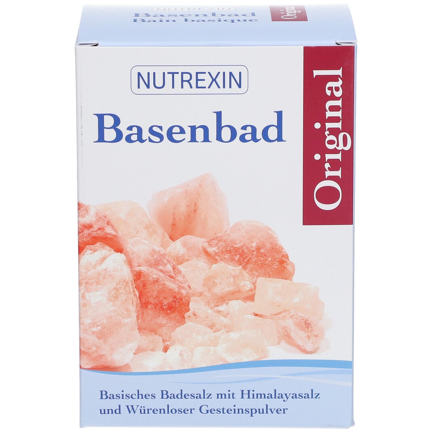 Hellblaue Schachtel mit "NUTREXIN Basenbad Original". Rosa Kristalle. Text: "Basisches Badesalz mit Himalayasalz".
