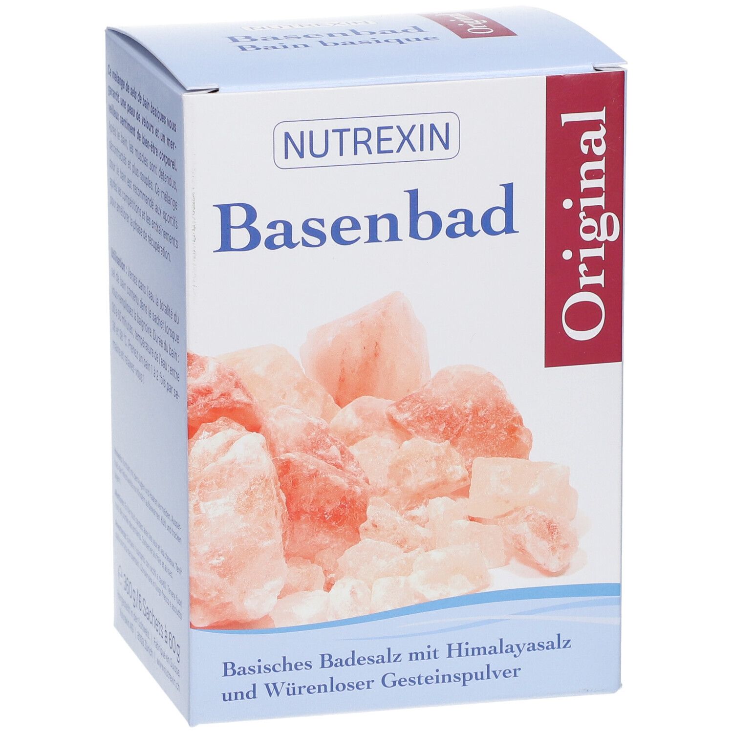 Hellblaue Schachtel mit "NUTREXIN Basenbad Original". Rosa Kristalle. Text: "Basisches Badesalz mit Himalayasalz".