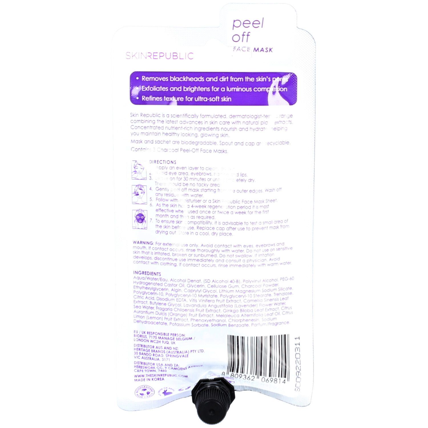 Rückseite der Gesichtsmaskenverpackung. Text: Skin Republic, Peel Off Face Mask. Inhaltsstoffe und Anwendungshinweise.
