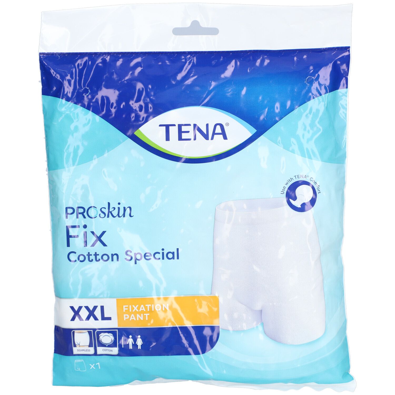 Verpackung mit Fixierhose. Marke TENA. ProSkin Fix Cotton Special XXL. Weiße Fixierhose im Beutel.