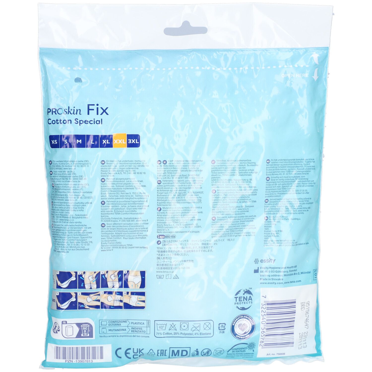 Rückseite der Verpackung. Größen XS bis 3XL. Text und Piktogramme. Marke TENA. Waschsymbole.