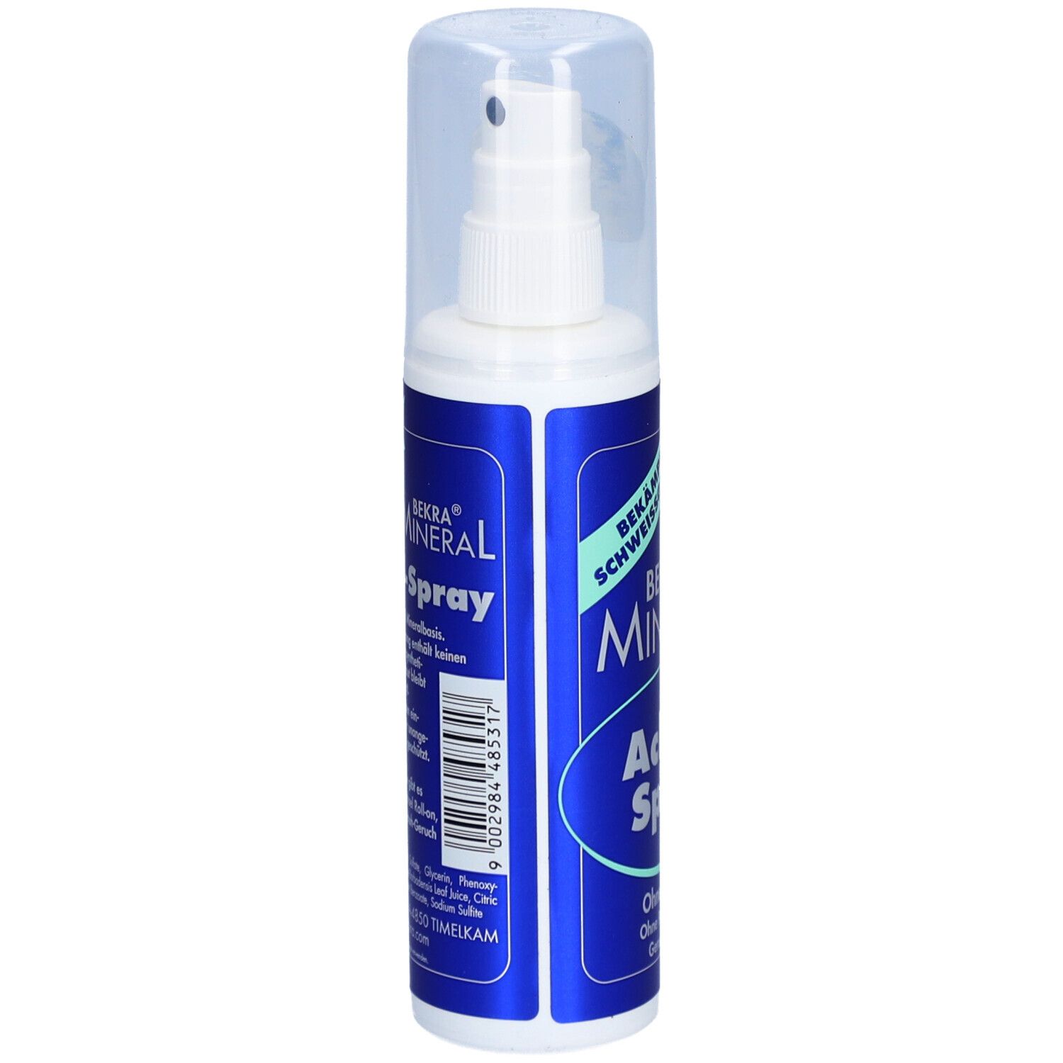 Deo-Spray mit Sprühkopf und Kappe. Blaue Flasche mit weißer Schrift: BEKRA MINERAL Achsel Spray. Rückseite mit Inhaltsstoffen und Barcode.