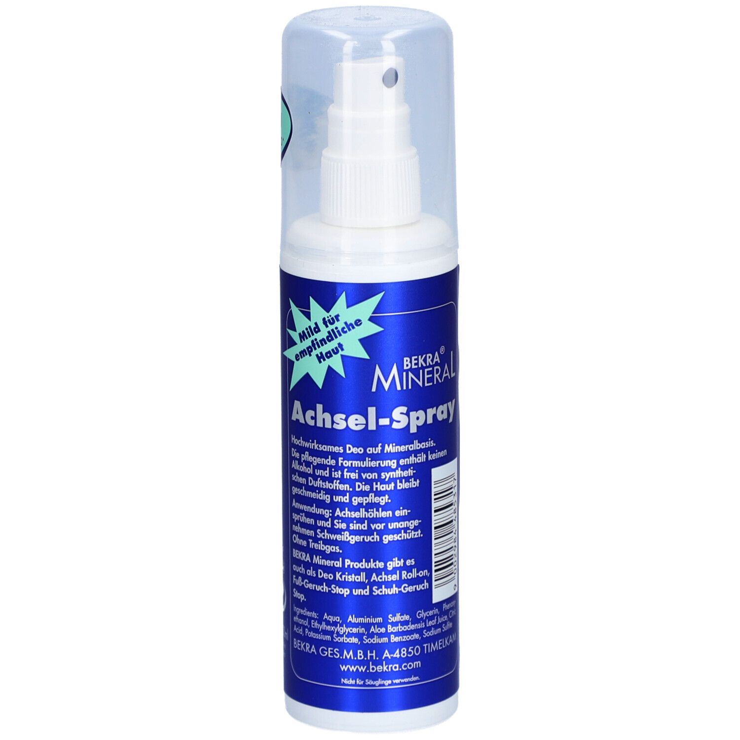 Deo-Spray mit Sprühkopf und Kappe. Blaue Flasche mit weißer Schrift: BEKRA MINERAL Achsel-Spray. Für empfindliche Haut.