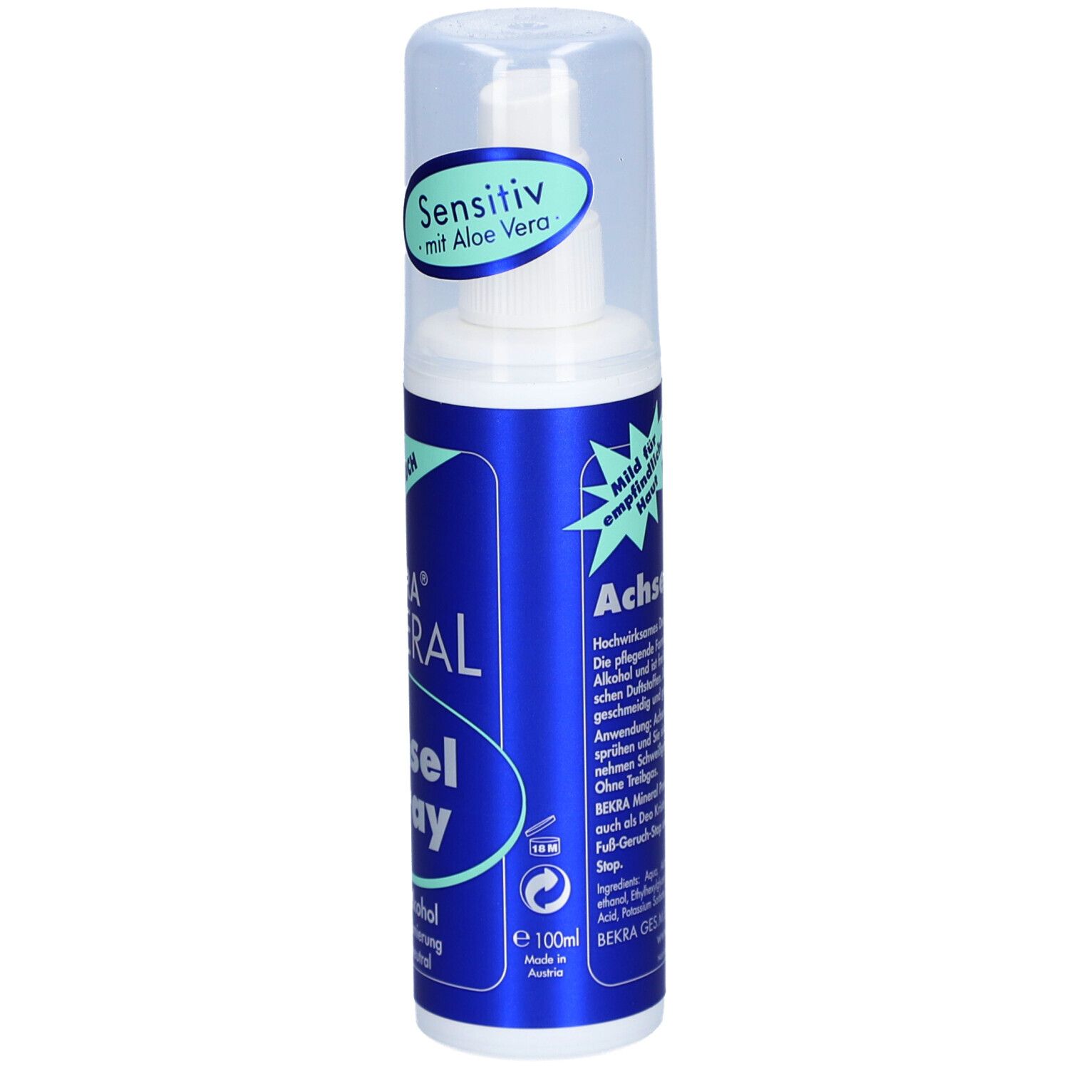 Deo-Spray mit Sprühkopf und Kappe. Blaue Flasche mit weißer Schrift: BEKRA MINERAL Achsel Spray. Sensitiv mit Aloe Vera. Für empfindliche Haut.