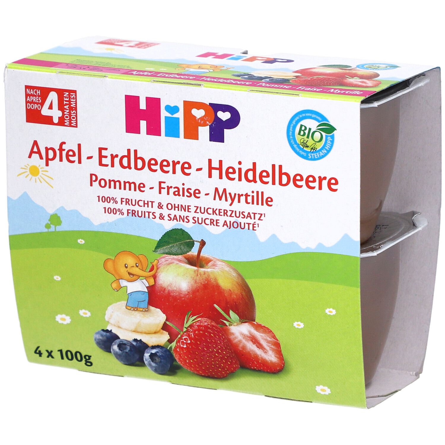 Verpackung mit vier Bechern HIPP Fruchtpause Apfel-Erdbeere-Heidelbeere. Abbildung von Früchten und dem Hipp-Logo.