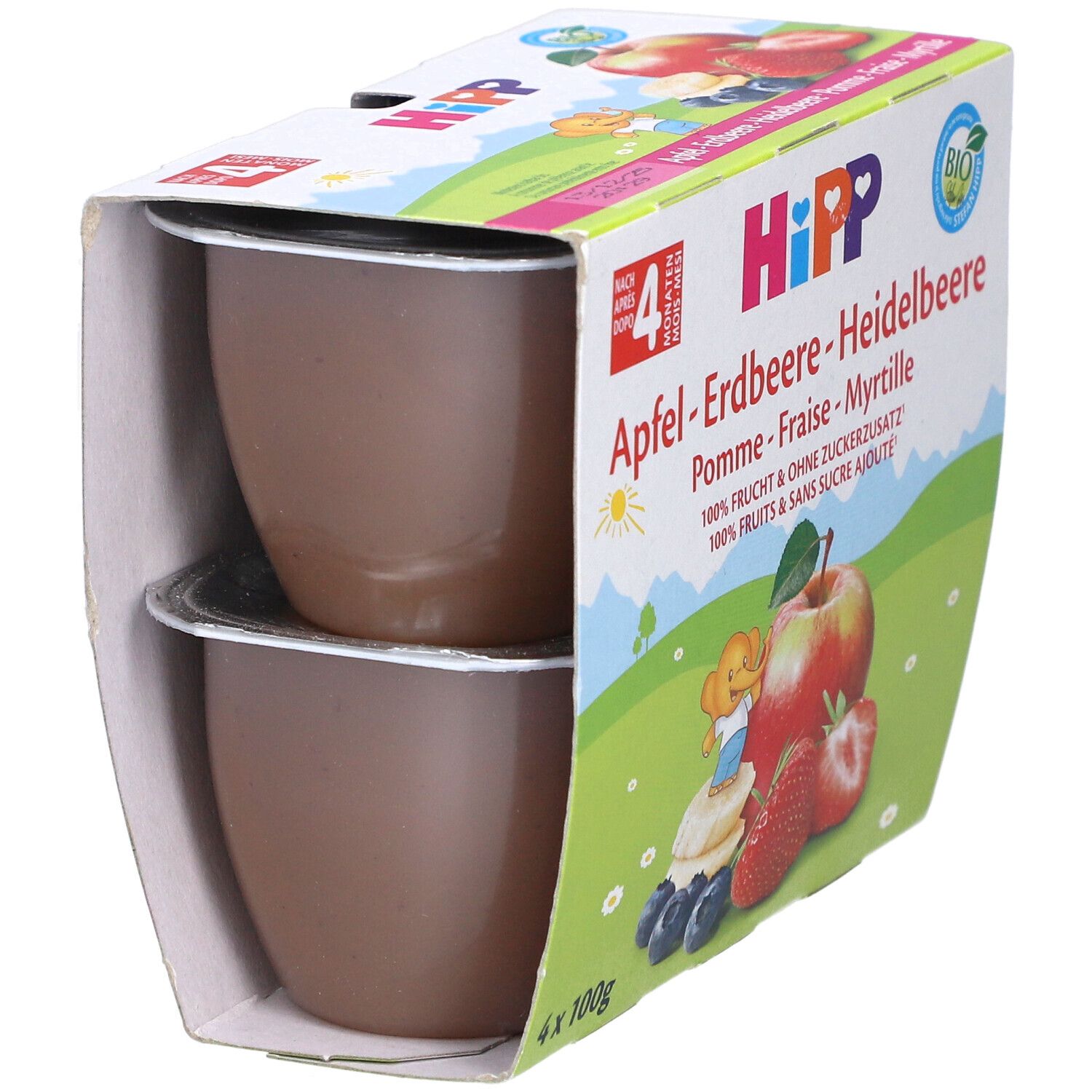 Verpackung mit zwei sichtbaren Bechern HIPP Fruchtpause. Produktname und Früchte-Illustration auf der Verpackung.