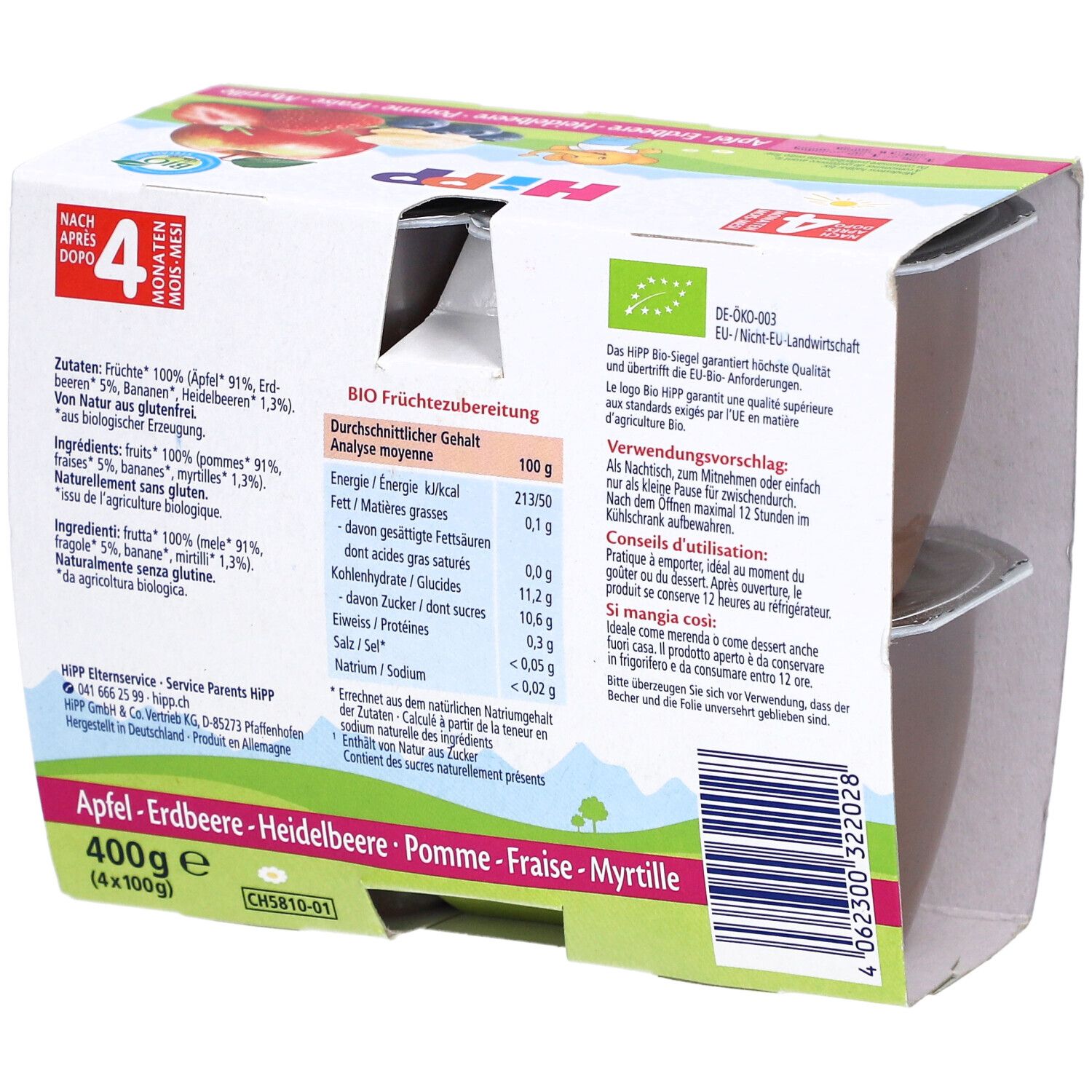 Rückseite der Verpackung mit Informationen zu Zutaten, Nährwerten und Bio-Zertifizierung. Text in Deutsch und Französisch.