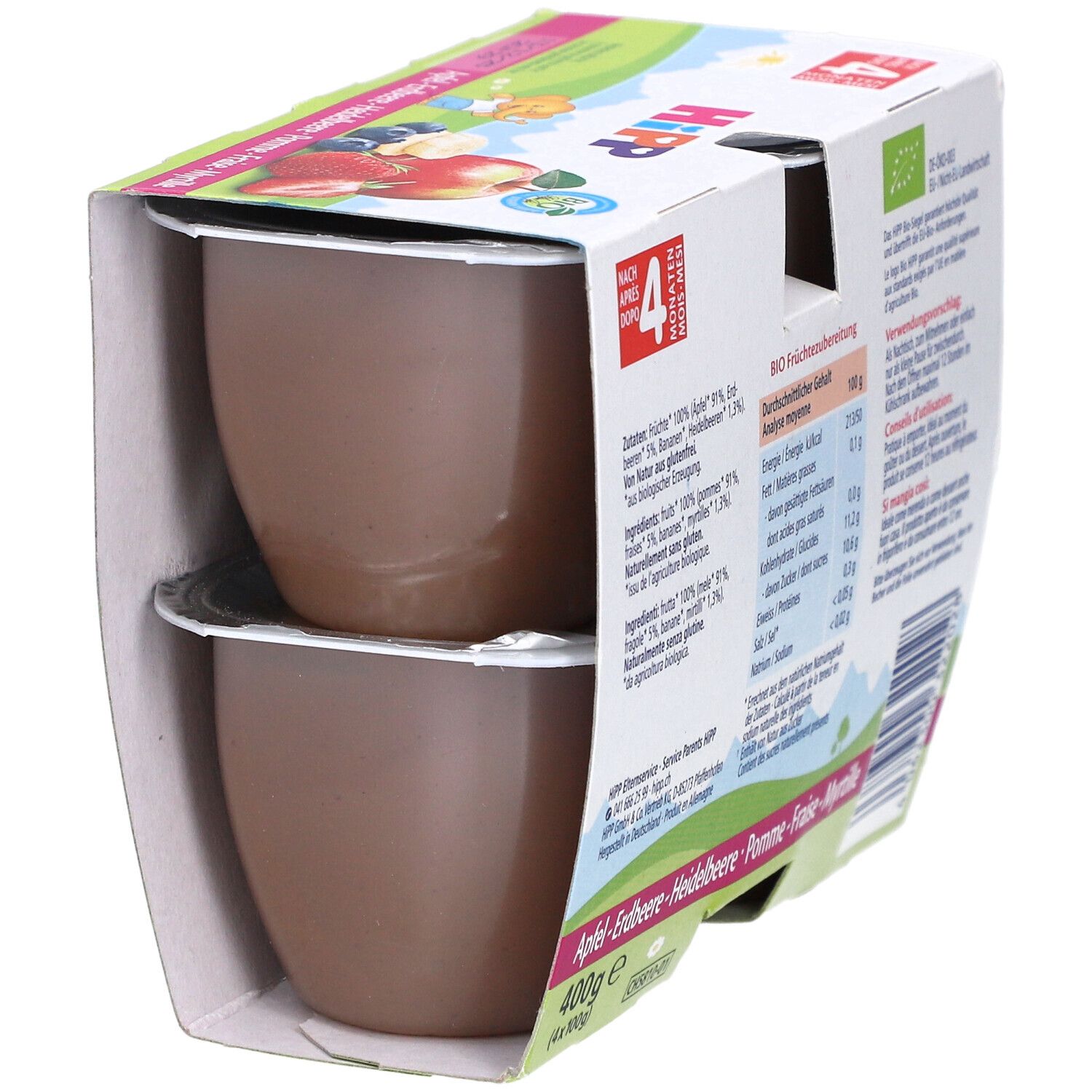Verpackung mit zwei sichtbaren Bechern HIPP Fruchtpause. Produktname und Nährwertangaben auf der Verpackung.