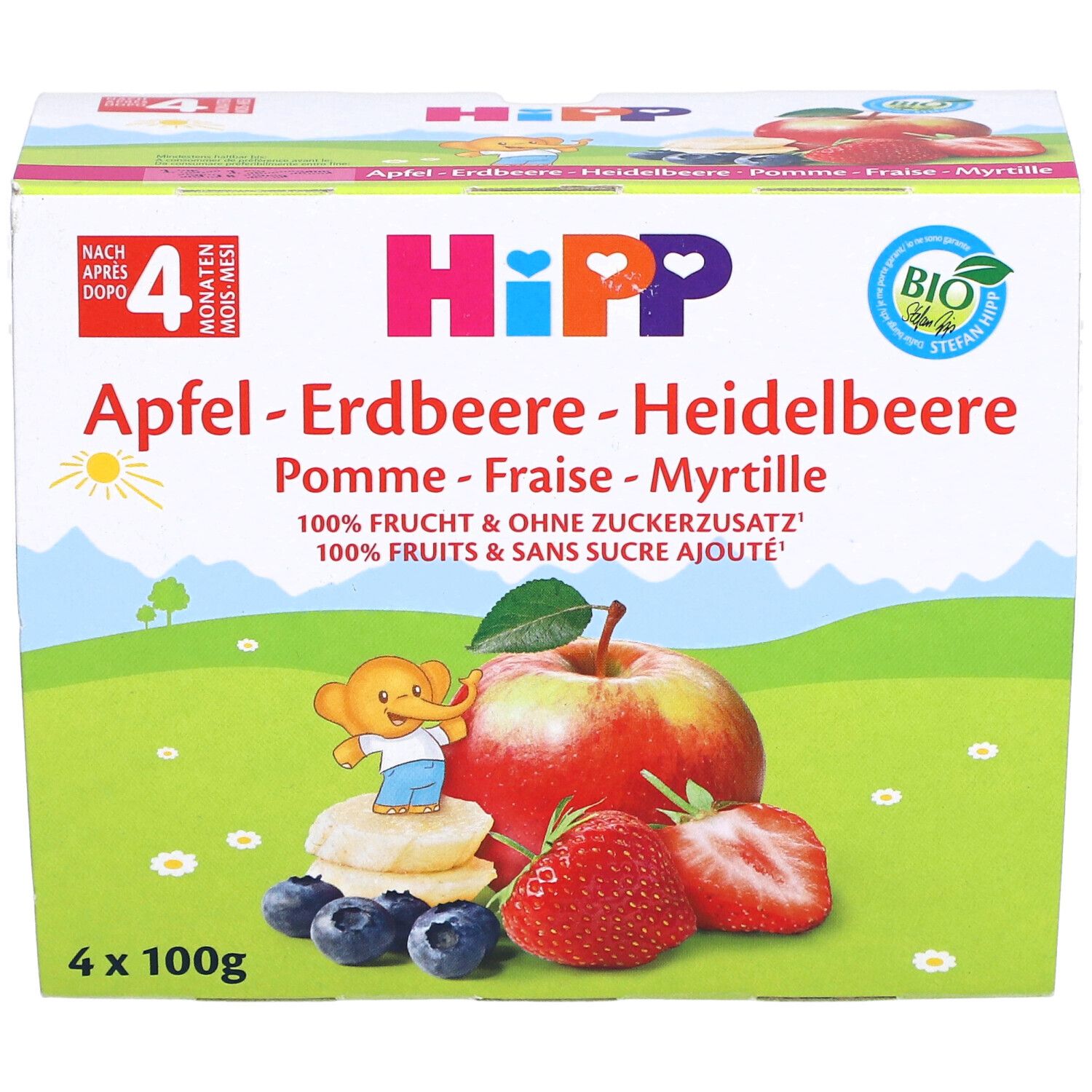 Verpackung mit vier Bechern HIPP Fruchtpause Apfel-Erdbeere-Heidelbeere. Abbildung von Früchten und dem Hipp-Logo.