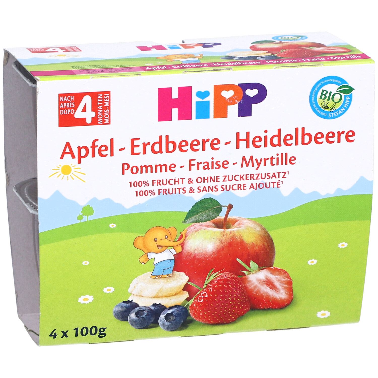 Verpackung mit vier Bechern HIPP Fruchtpause. Produktname und Früchte-Illustration auf der Verpackung.