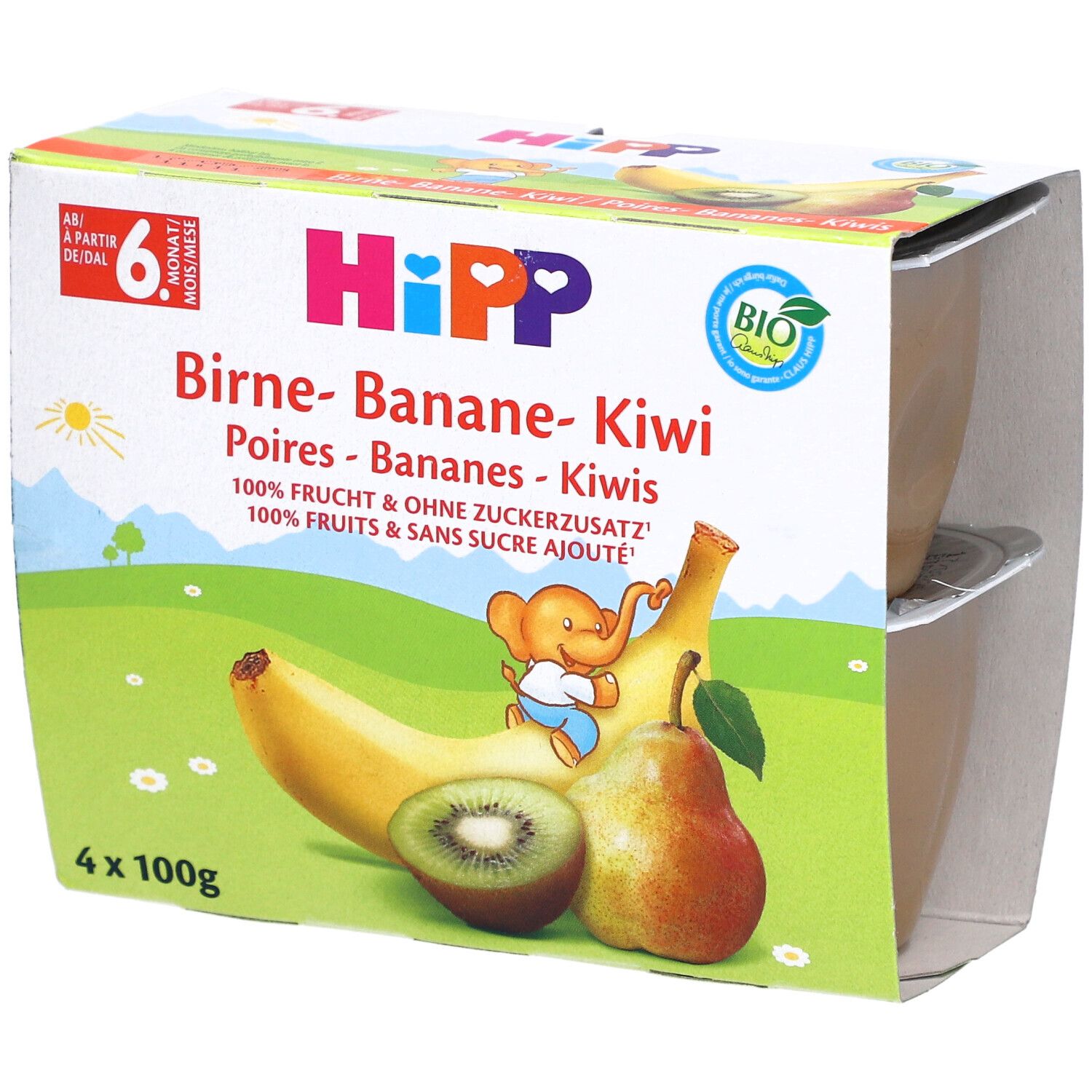 Verpackung mit vier Gläschen HIPP Birne-Banane-Kiwi ab 6 Monaten. Abbildung von Früchten.