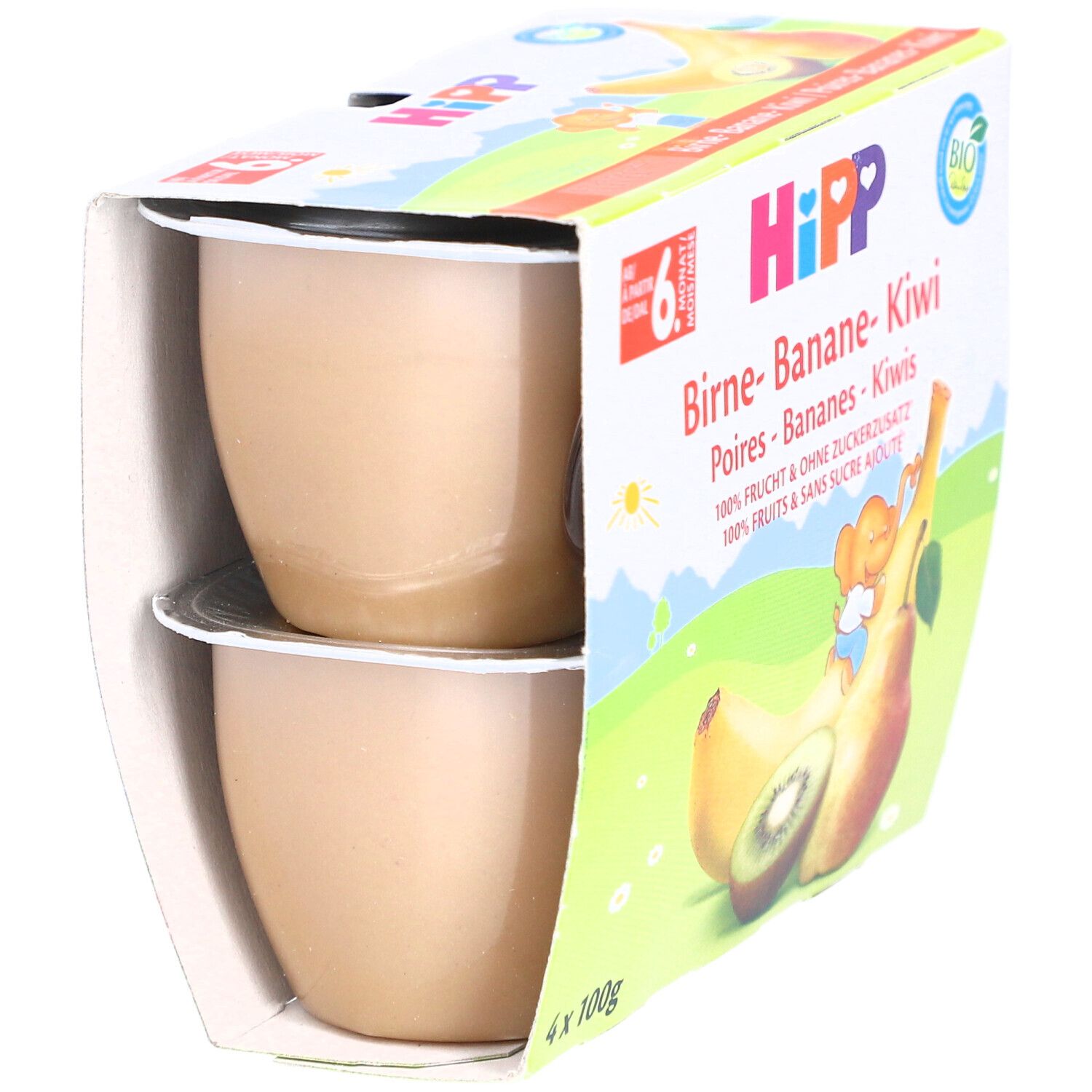 Verpackung mit zwei Gläschen HIPP Birne-Banane-Kiwi ab 6 Monaten. Geöffnet, Inhalt sichtbar.