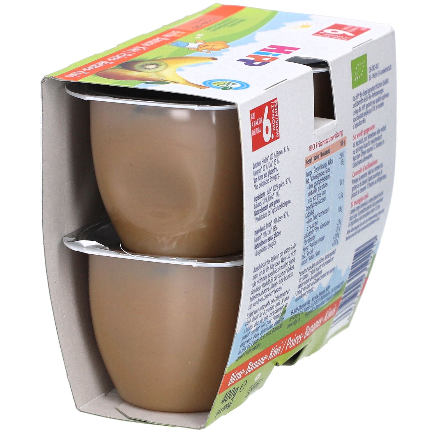Verpackung mit zwei Gläschen HIPP Birne-Banane-Kiwi ab 6 Monaten. Seitenansicht, Inhalt sichtbar.