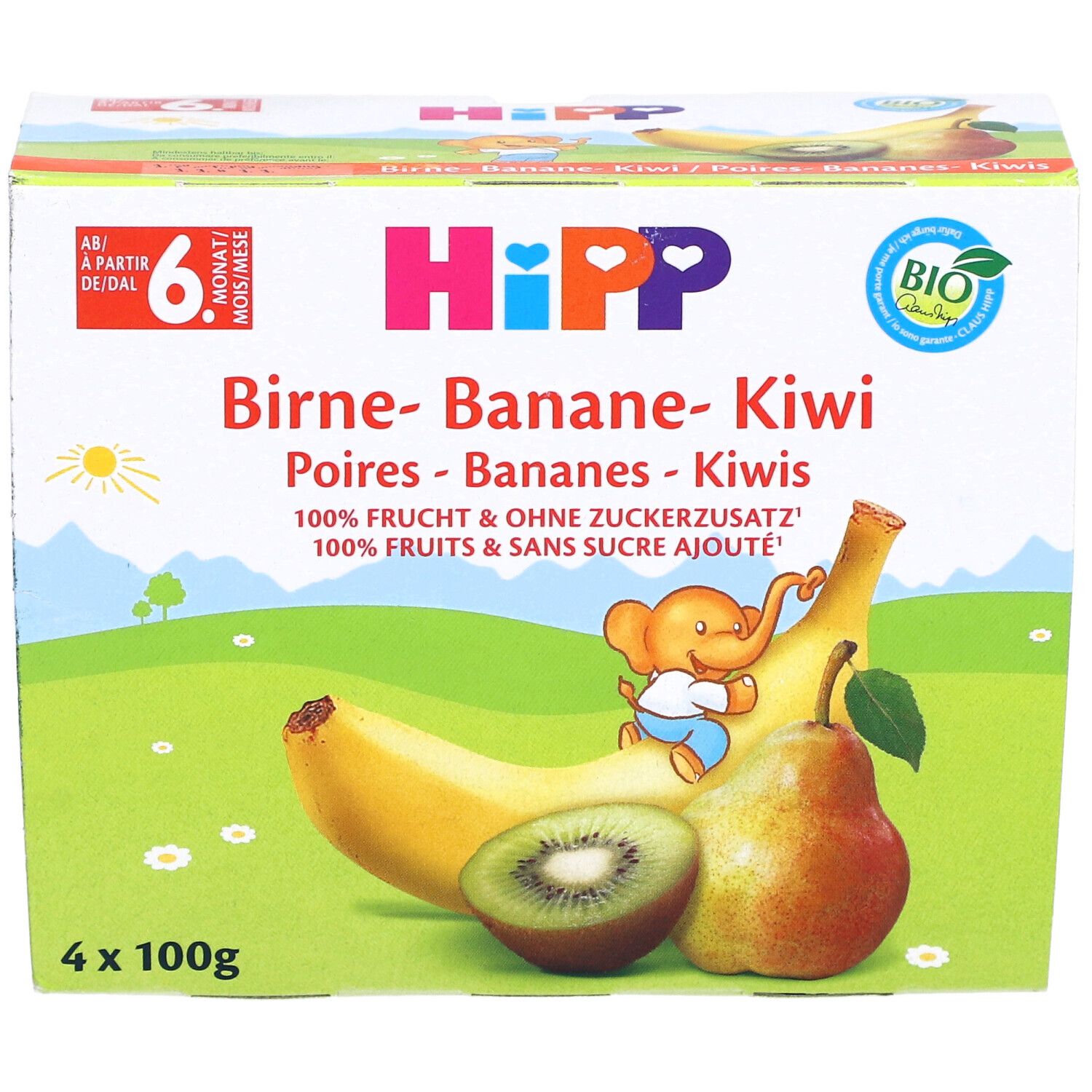 Vorderansicht der Verpackung mit HIPP Birne-Banane-Kiwi ab 6 Monaten. Produktabbildung und Logo.