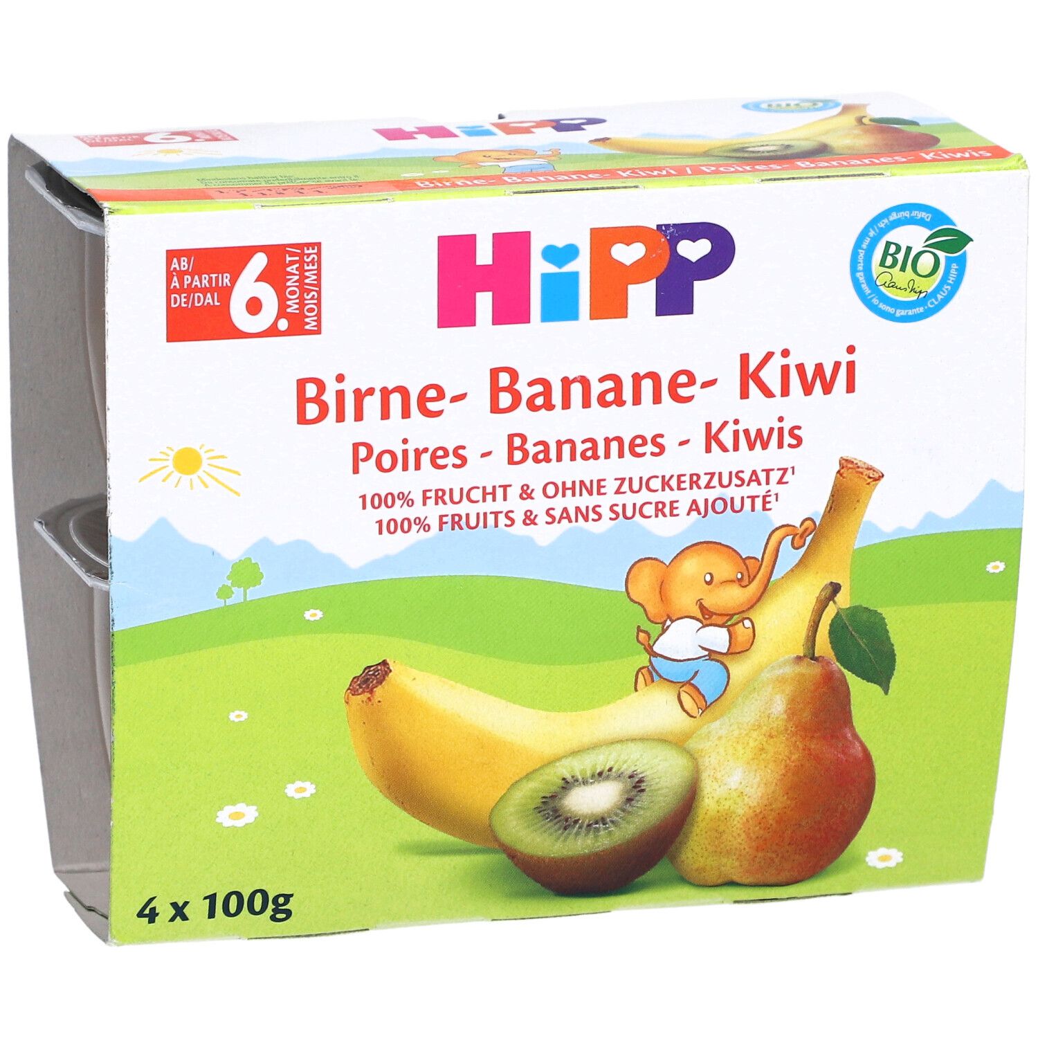 Verpackung mit HIPP Birne-Banane-Kiwi ab 6 Monaten. Produktabbildung und Logo, teilweise geöffnet.