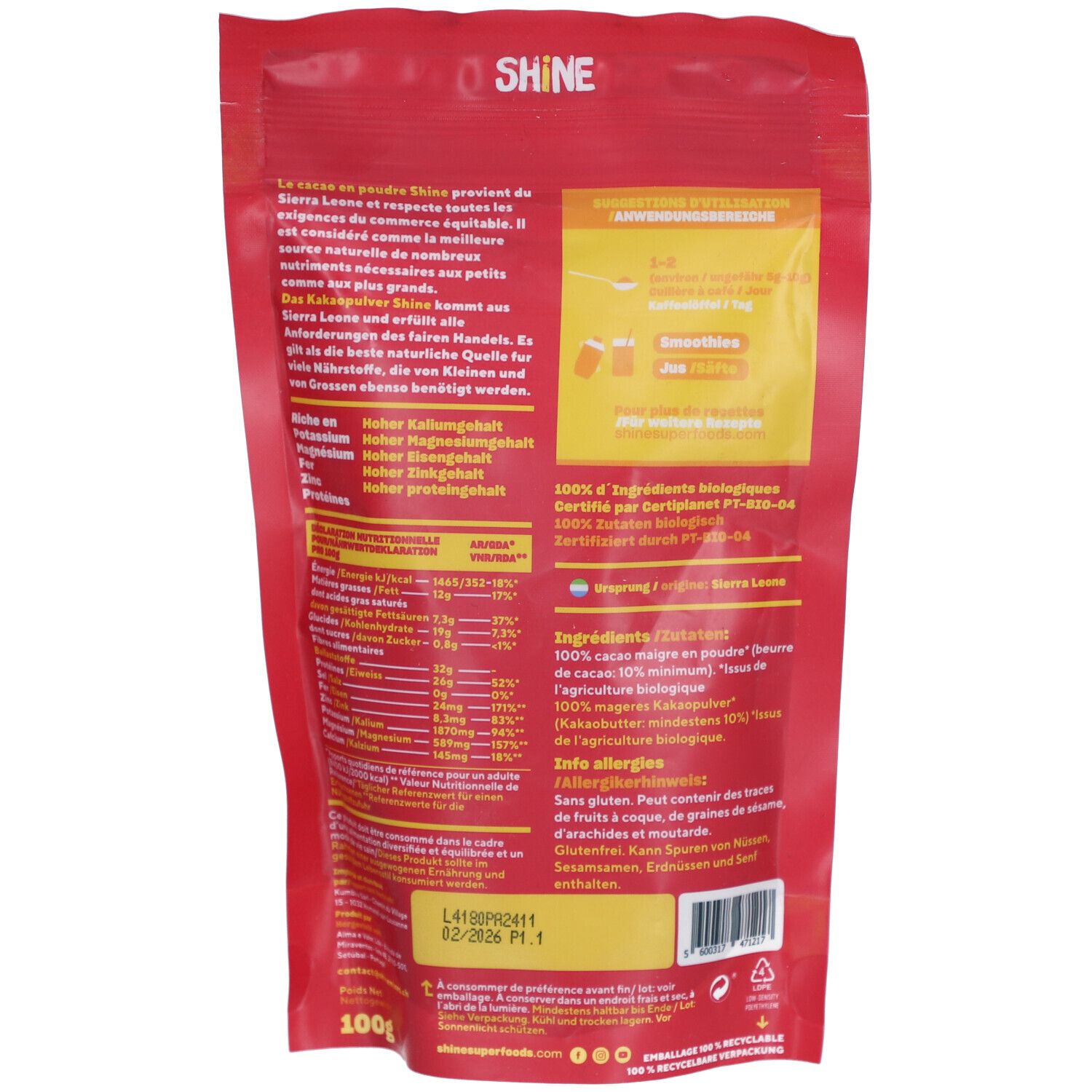 Rückseite der roten Tüte mit SHINE Kakaopulver. Textabschnitte, Zutatenliste, Nährwertangaben und Bio-Siegel.