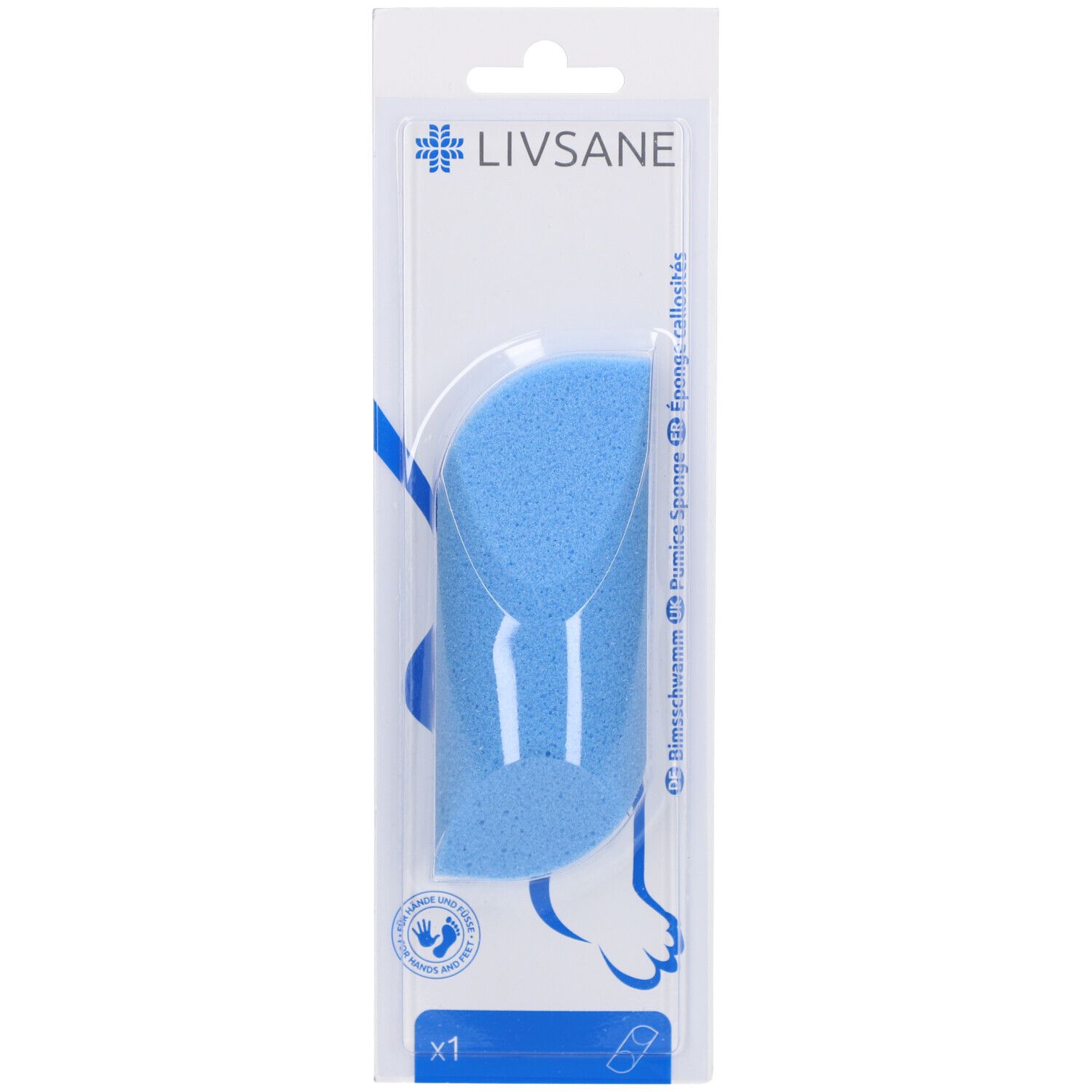 Blauer Bimsstein in transparenter Verpackung. Marke Livsane. Produkt zur Hornhautentfernung.