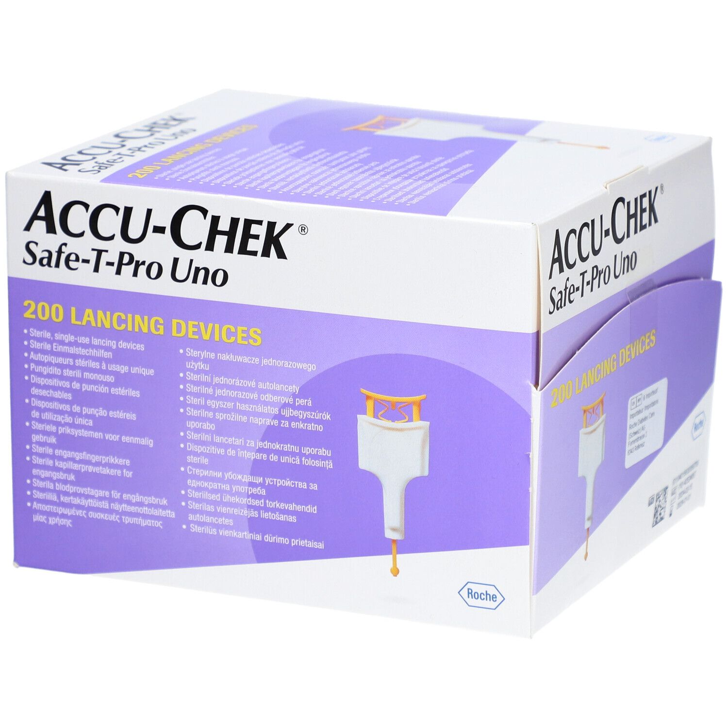 Karton mit ACCU-CHEK Safe-T-Pro Uno Lanzetten. Enthält 200 Stechhilfen. Weiß, lila und orangefarbene Elemente. Roche-Logo.