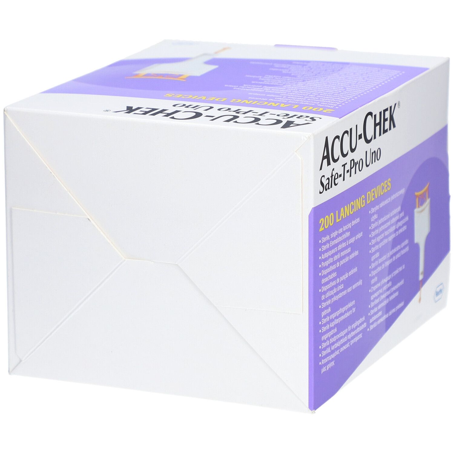 Karton mit ACCU-CHEK Safe-T-Pro Uno Lanzetten. Enthält 200 Stechhilfen. Weiß, lila und orangefarbene Elemente. Roche-Logo.