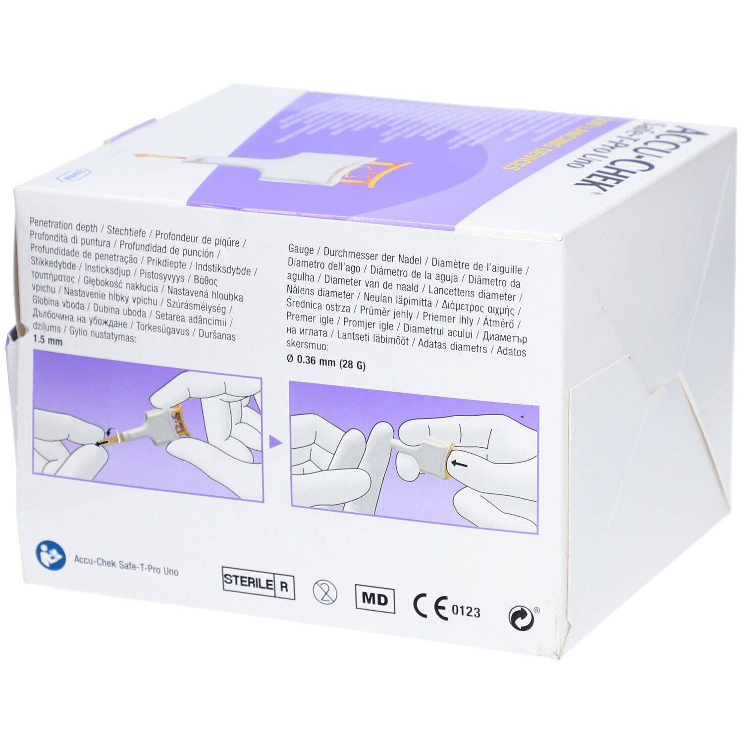 Rückseite der Verpackung von ACCU-CHEK Safe-T-Pro Uno. Informationen zur Eindringtiefe und Nadelstärke. Illustrationen.