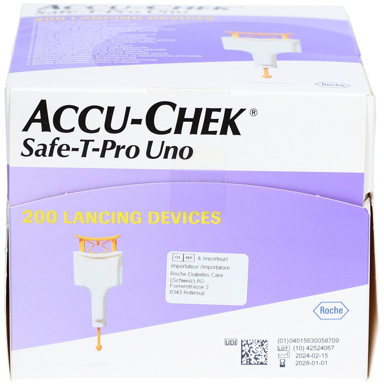 Karton mit ACCU-CHEK Safe-T-Pro Uno Lanzetten. Enthält 200 Stechhilfen. Weiß, lila und orangefarbene Elemente. Roche-Logo.