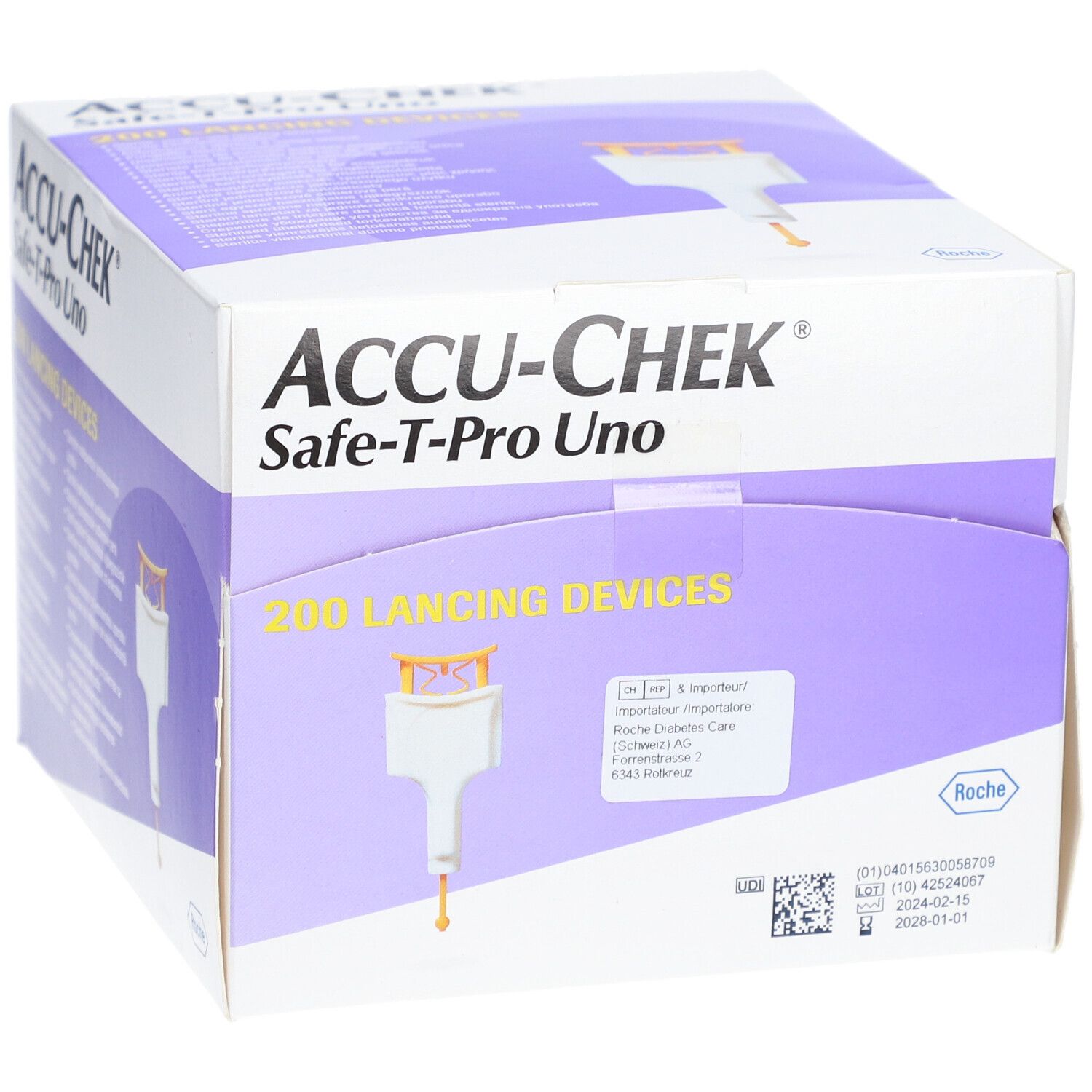 Karton mit ACCU-CHEK Safe-T-Pro Uno Lanzetten. Enthält 200 Stechhilfen. Weiß, lila und orangefarbene Elemente. Roche-Logo.