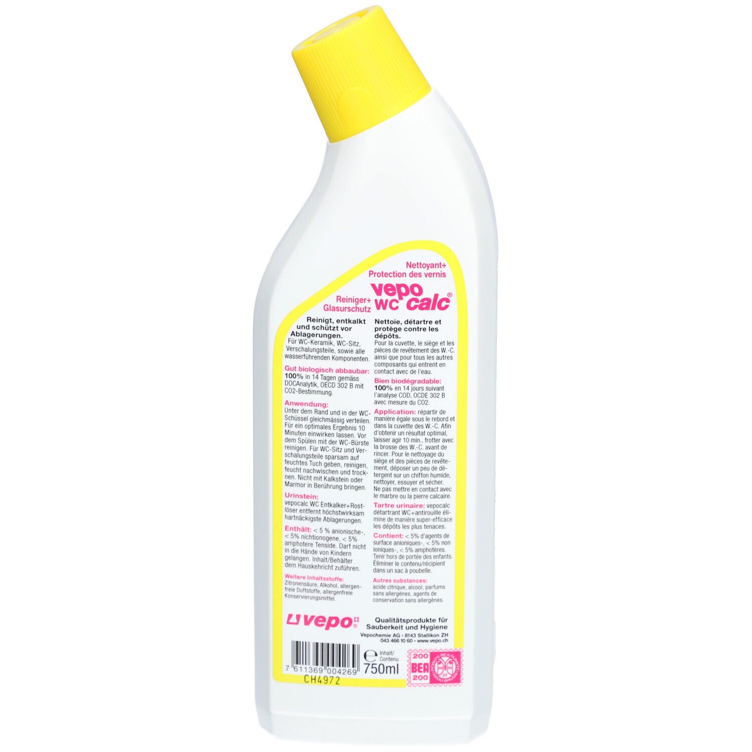 Rückseite einer weißen Flasche mit gelbem Deckel. Text in deutscher und französischer Sprache. Volumen: 750ml.