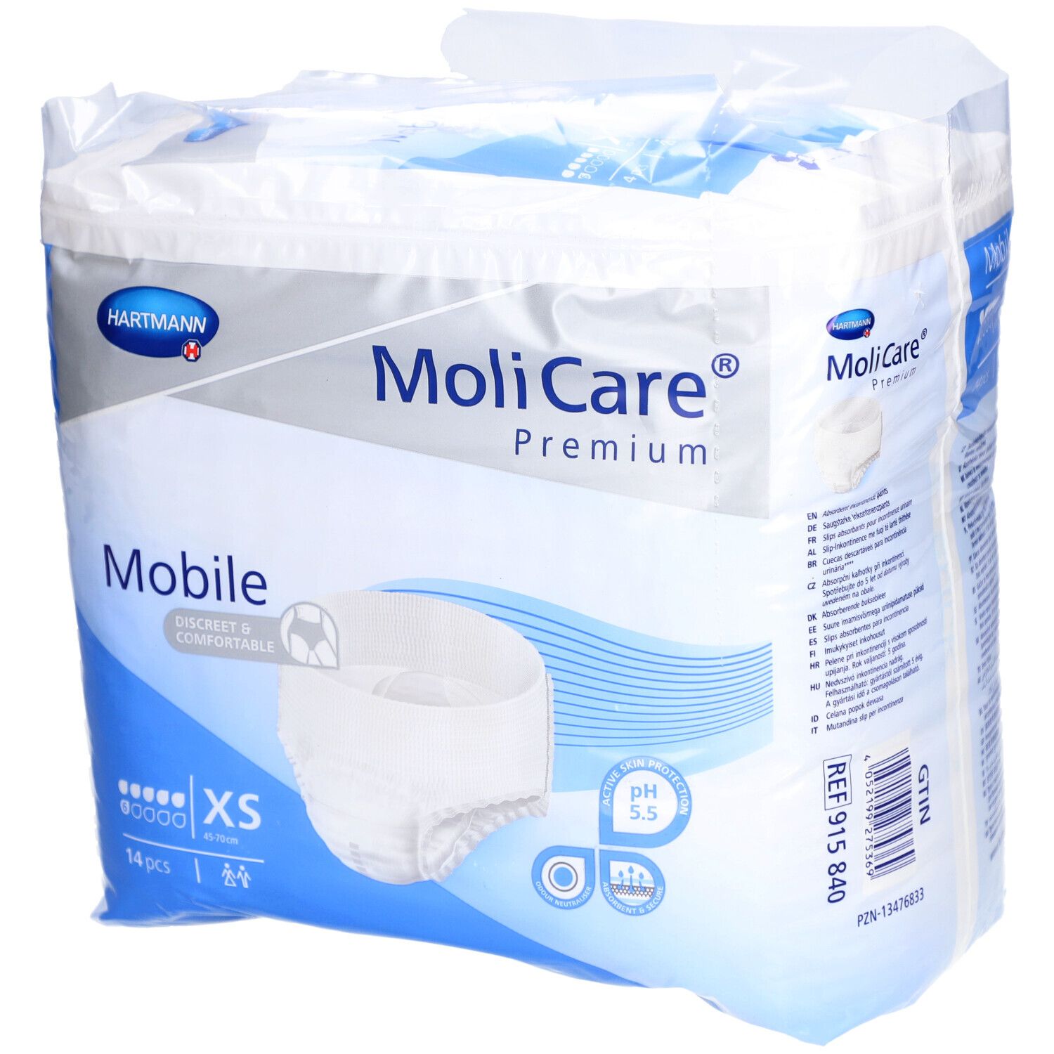 MoliCare Premium Mobile XS, 14 Stück. Verpackung mit Produktabbildung. Marke Hartmann. Aufdrucke: Mobile, XS, pH 5.5.