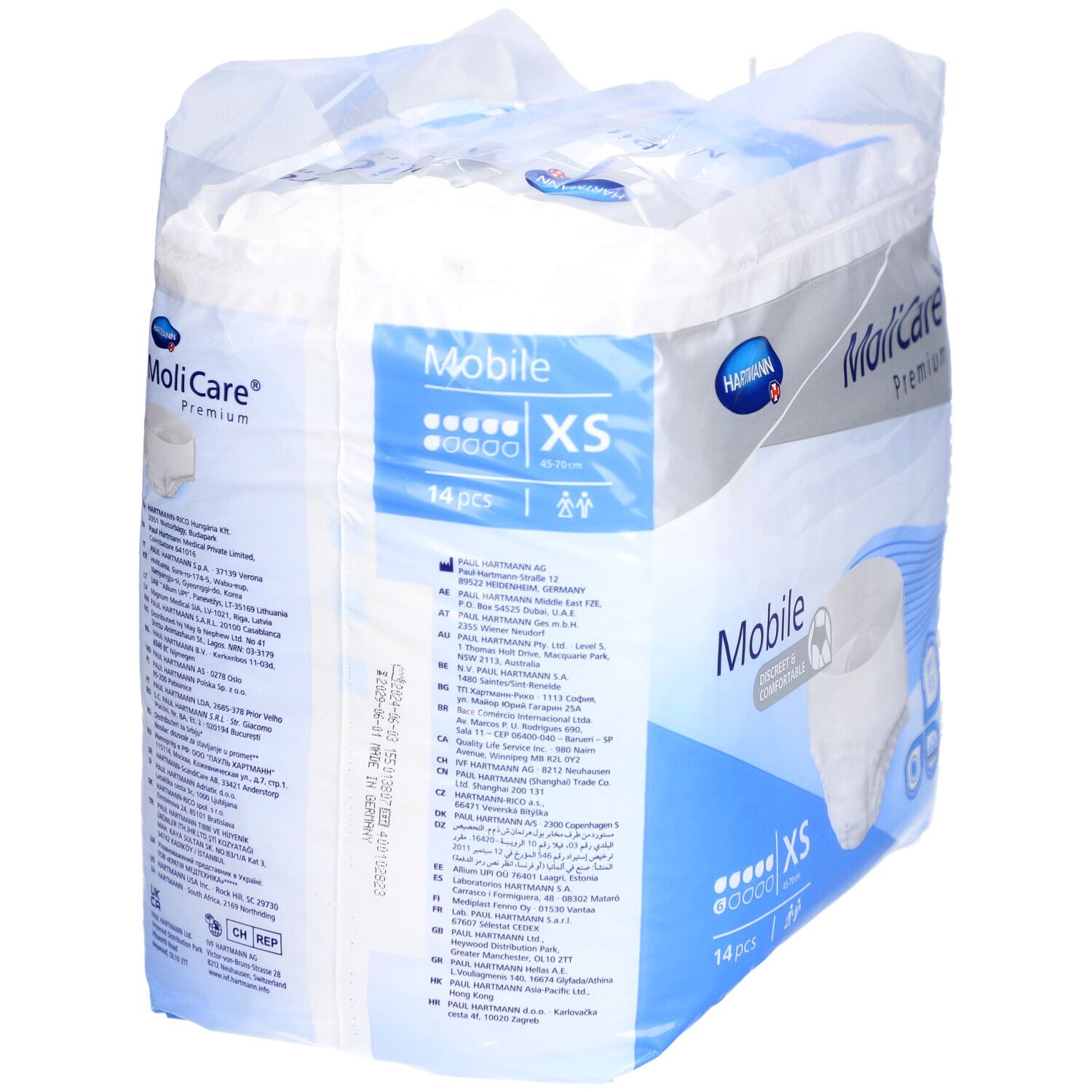 MoliCare Premium Mobile XS, 14 Stück. Verpackung, Rückseite. Marke Hartmann. Aufdrucke: Mobile, XS. Text in mehreren Sprachen.