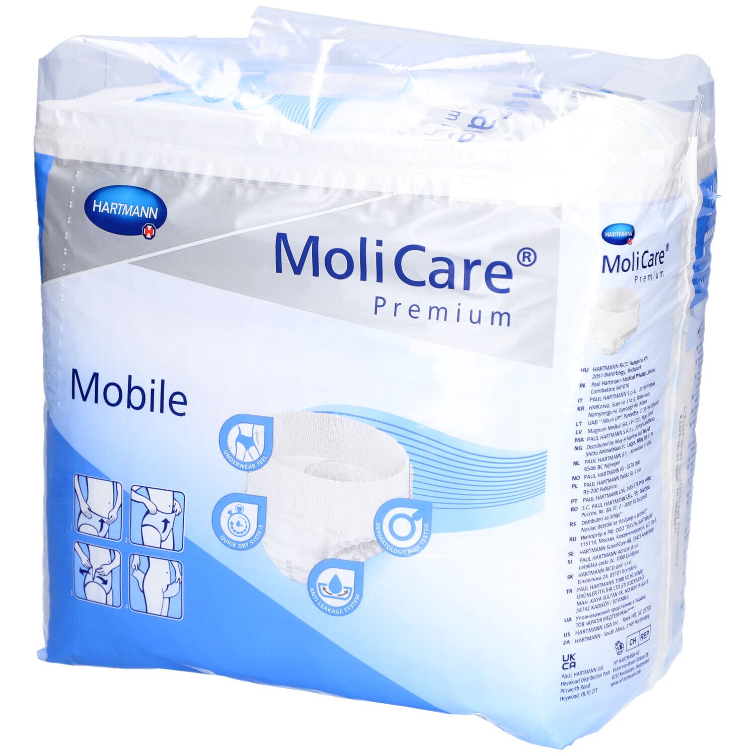 MoliCare Premium Mobile XS, 14 Stück. Verpackung. Marke Hartmann. Aufdrucke: Mobile, XS. Piktogramme und Produktabbildung.