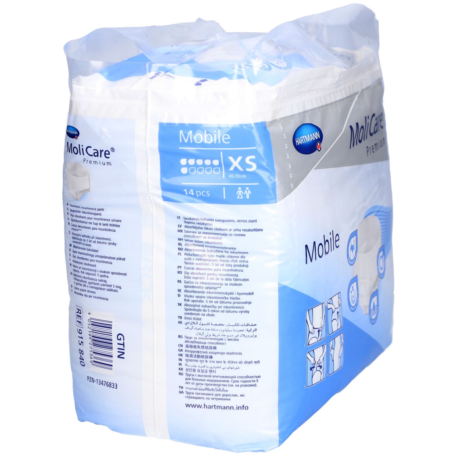 MoliCare Premium Mobile XS, 14 Stück. Verpackung, Rückseite. Marke Hartmann. Aufdrucke: Mobile, XS. Text in mehreren Sprachen.