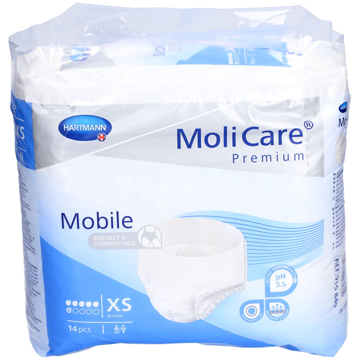 MoliCare Premium Mobile XS, 14 Stück. Verpackung mit Produktabbildung. Marke Hartmann. Aufdrucke: Mobile, XS, pH 5.5.