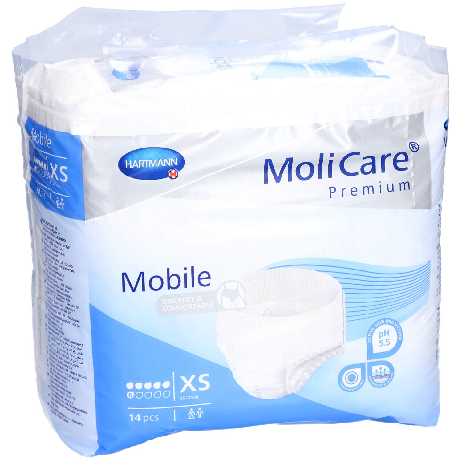 MoliCare Premium Mobile XS, 14 Stück. Verpackung mit Produktabbildung. Marke Hartmann. Aufdrucke: Mobile, XS, pH 5.5.
