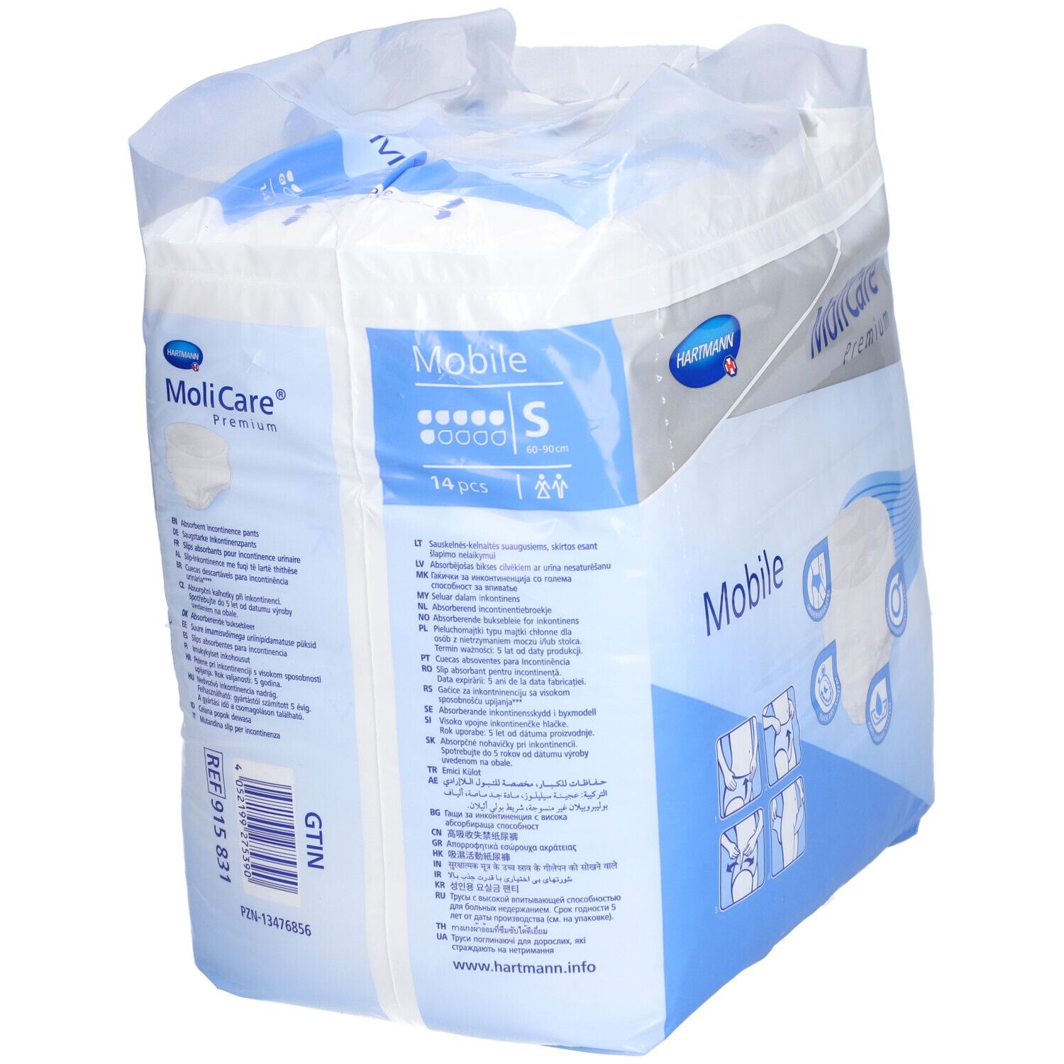 Emballage MoliCare® Premium Mobile, taille S. Contient 14 pièces. Emballage bleu et blanc avec image du produit et logo.