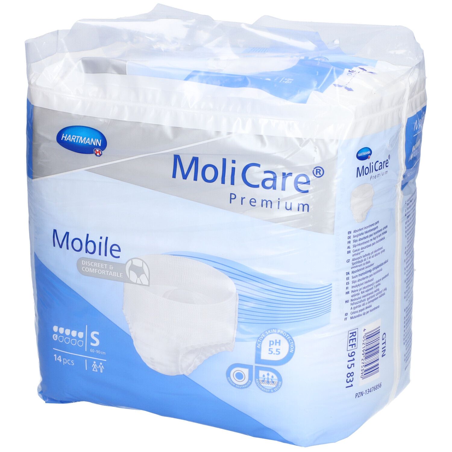 Emballage MoliCare® Premium Mobile, taille S. 14 pièces. Emballage bleu et blanc avec image du produit et logo. pH 5,5.