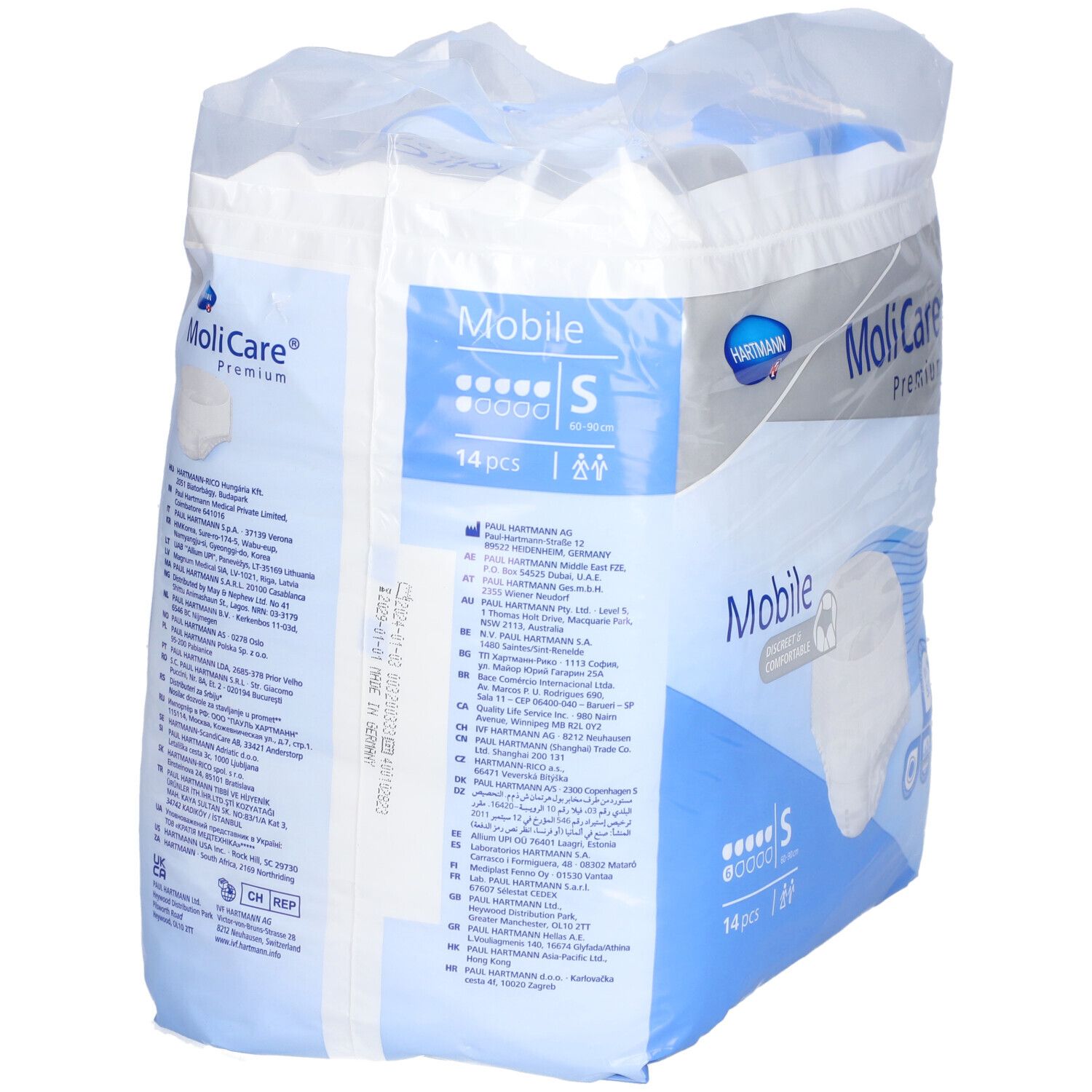 Emballage MoliCare® Premium Mobile, taille S. 14 pièces. Emballage bleu et blanc avec image du produit et logo. Vue arrière.