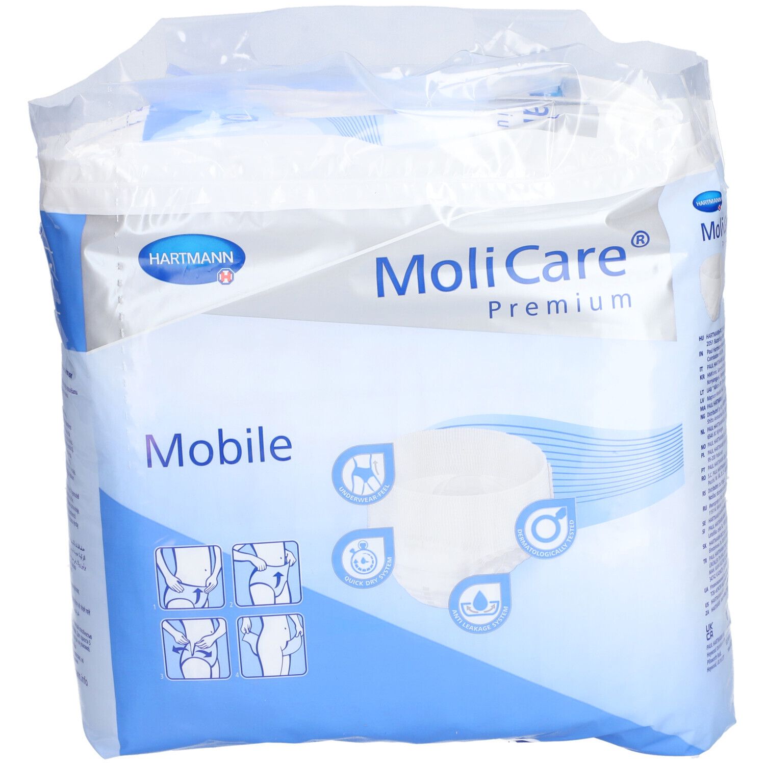Emballage MoliCare® Premium Mobile. Emballage bleu et blanc avec image du produit et logo. Logo Hartmann en haut à gauche.