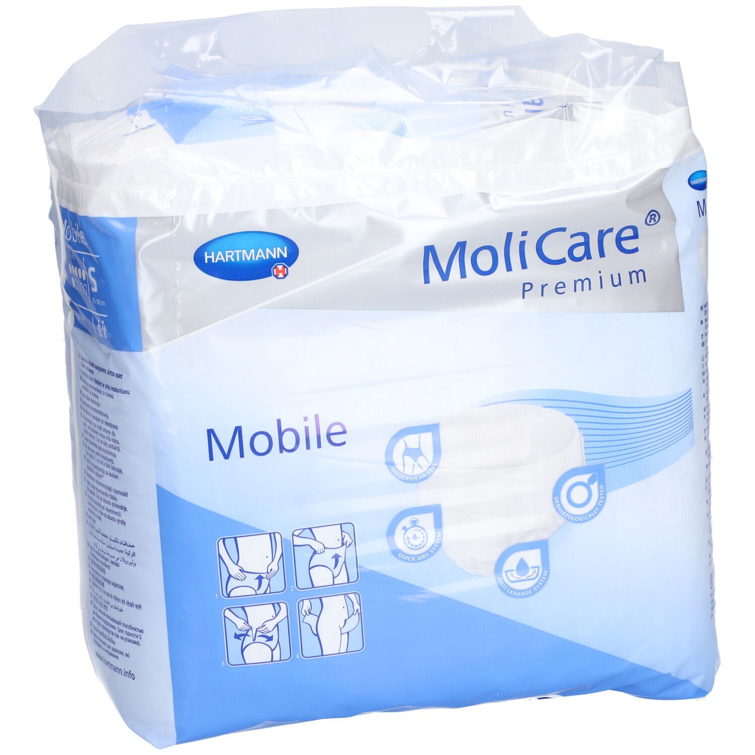 Emballage MoliCare® Premium Mobile. Emballage bleu et blanc avec image du produit et logo. Logo Hartmann en haut à gauche.