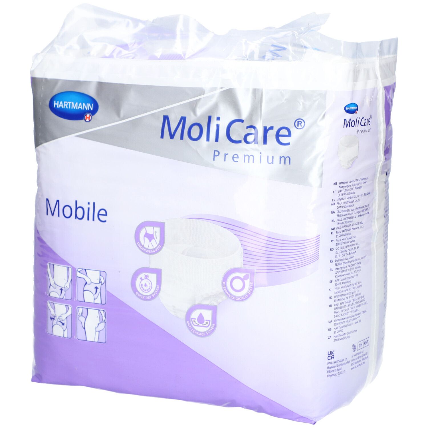 Emballage MoliCare Premium Mobile. Taille L, 14 pièces. Marque Hartmann. Illustration et pictogrammes sur l'emballage.