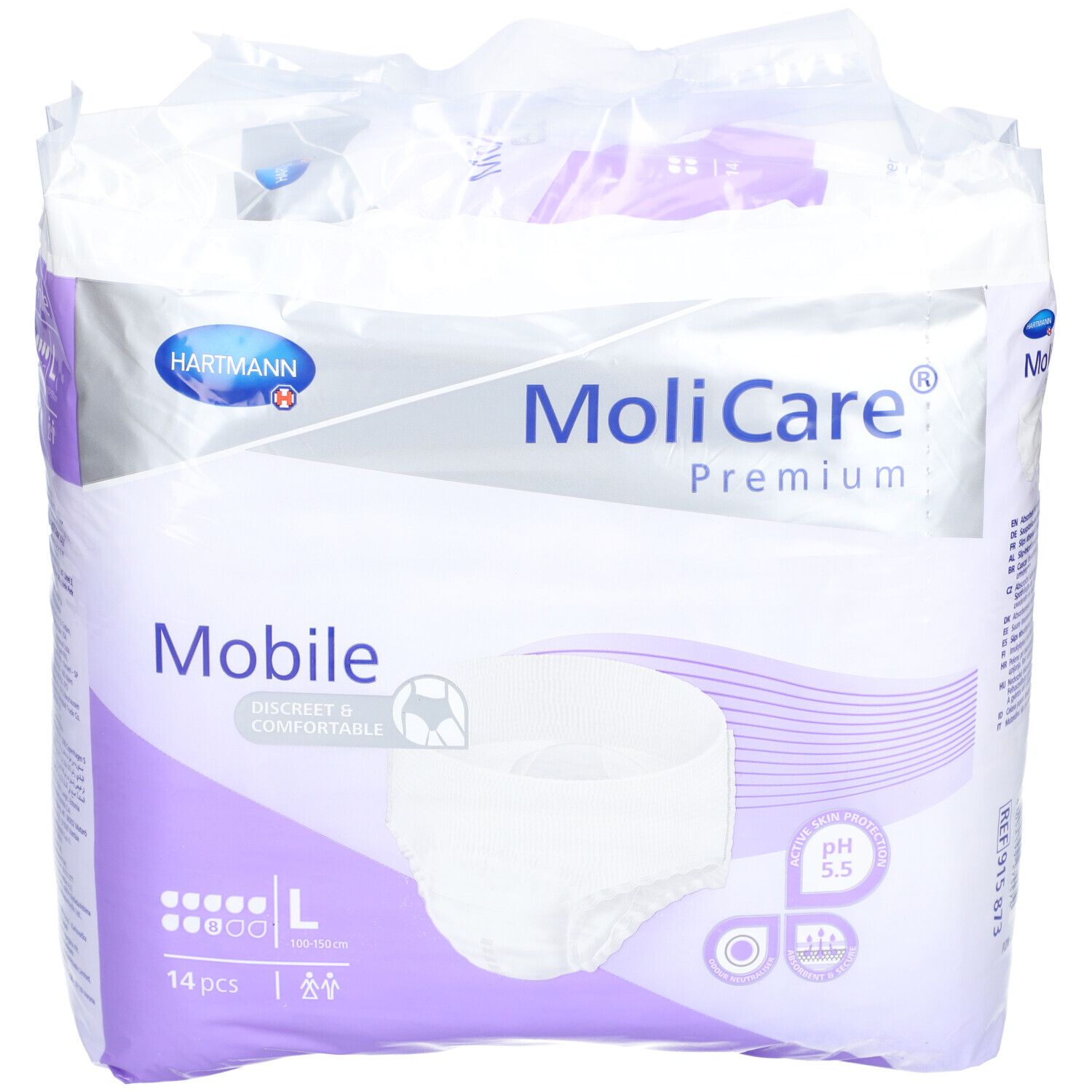 Emballage MoliCare Premium Mobile. Taille L, 14 pièces. Marque Hartmann. Illustration et indication du pH.