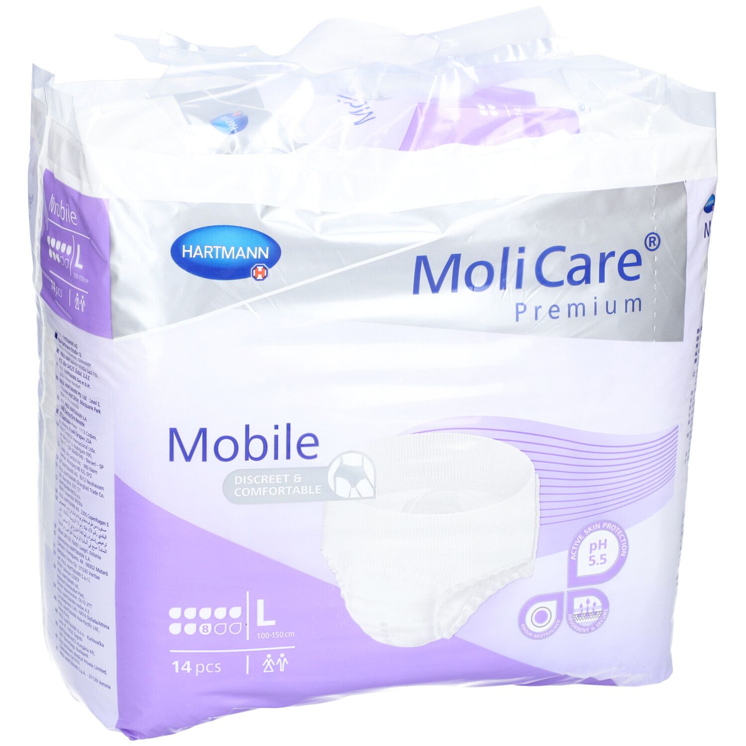 Emballage MoliCare Premium Mobile. Taille L, 14 pièces. Marque Hartmann. Illustration et indication du pH.