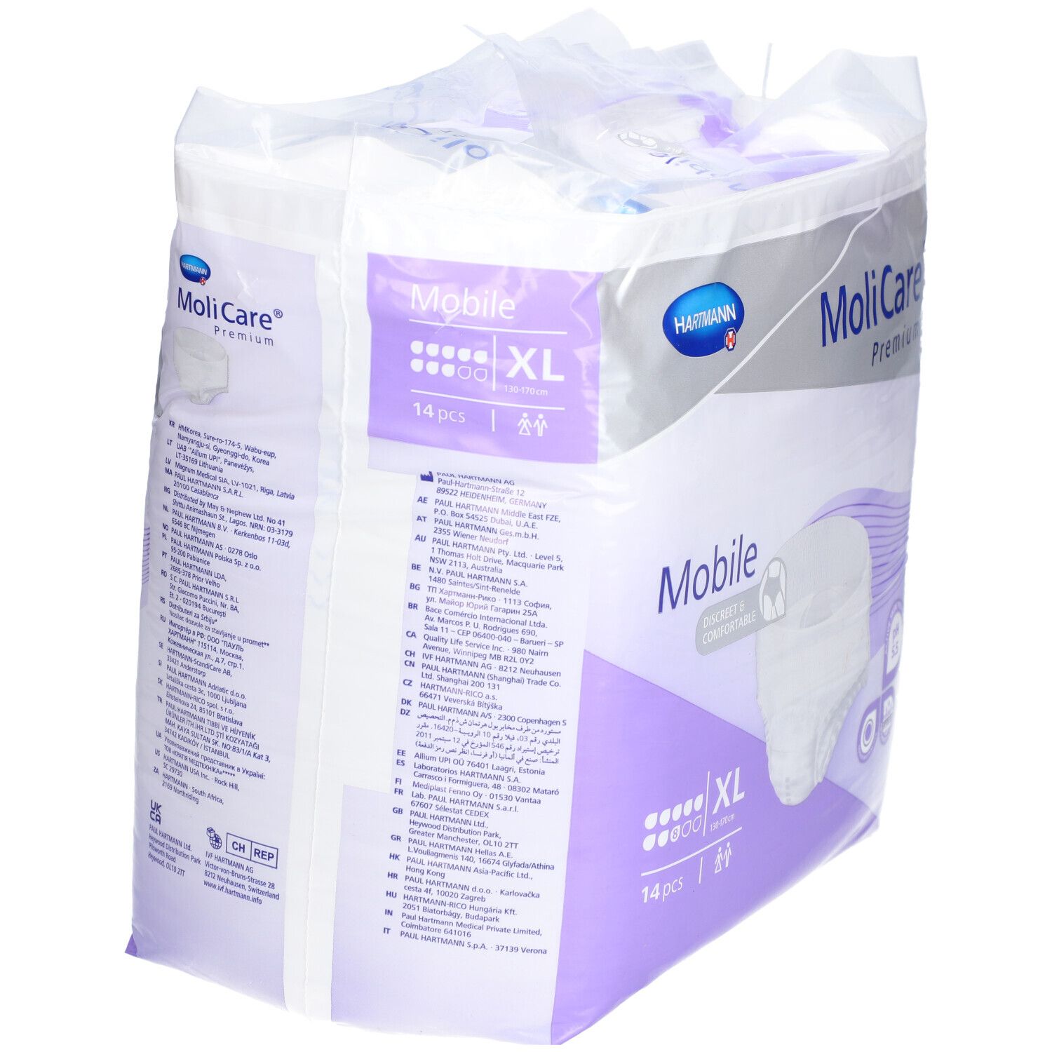 Rückseite der MoliCare® Premium Mobile Verpackung. Mehrsprachige Produktinformationen. Marke Hartmann. Größe XL, 14 Stück.