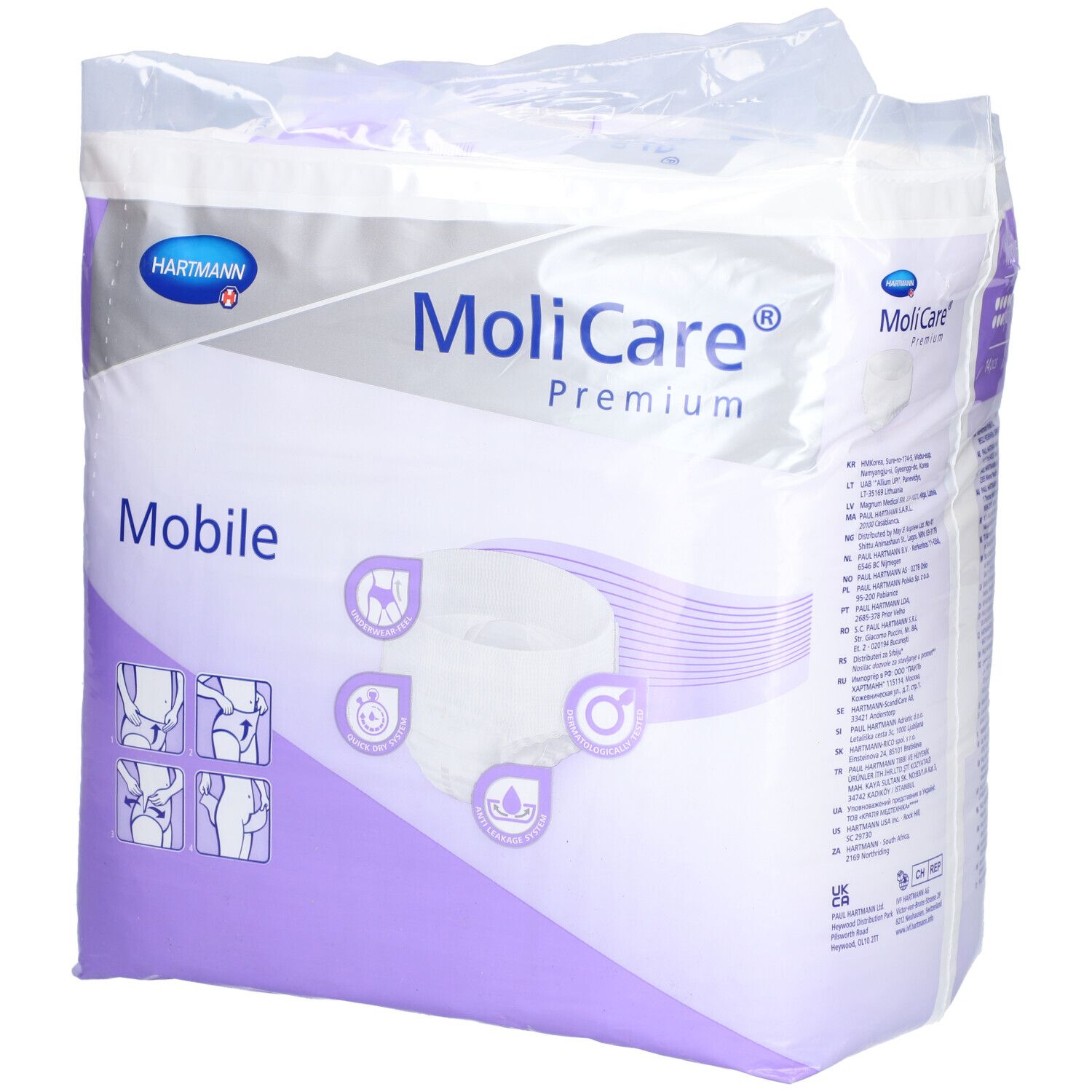 Vorderseite der MoliCare® Premium Mobile Verpackung. Marke Hartmann. Produktbezeichnung, Größe XL, und Piktogramme.