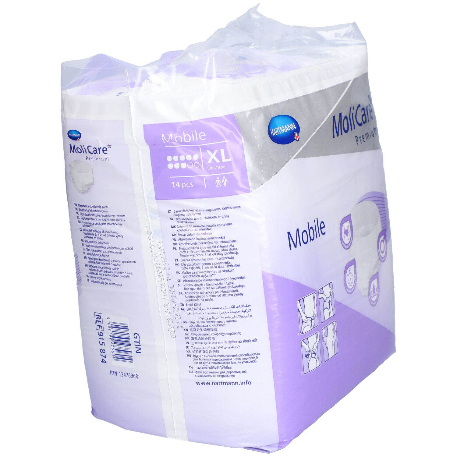 Rückseite der MoliCare® Premium Mobile Verpackung. Mehrsprachige Produktinformationen. Marke Hartmann. Größe XL, 14 Stück.