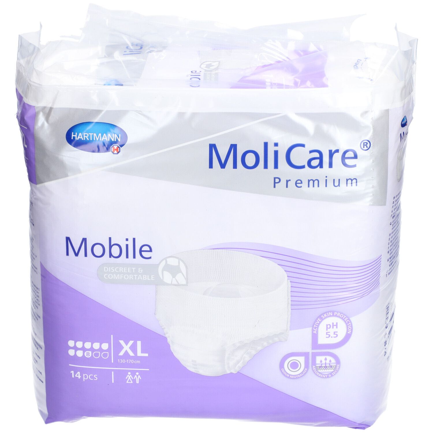 Vorderseite der MoliCare® Premium Mobile Verpackung. Marke Hartmann. Produktbezeichnung, Größe XL, und Piktogramme.