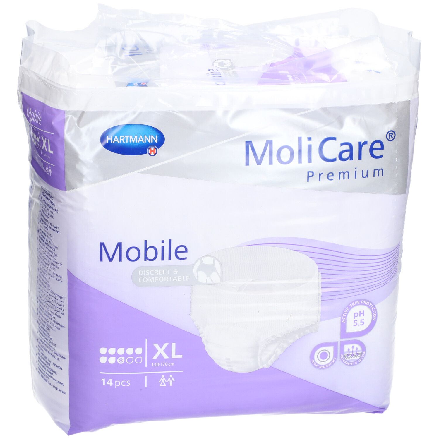 Vorderseite der MoliCare® Premium Mobile Verpackung. Marke Hartmann. Produktbezeichnung, Größe XL, und Piktogramme.