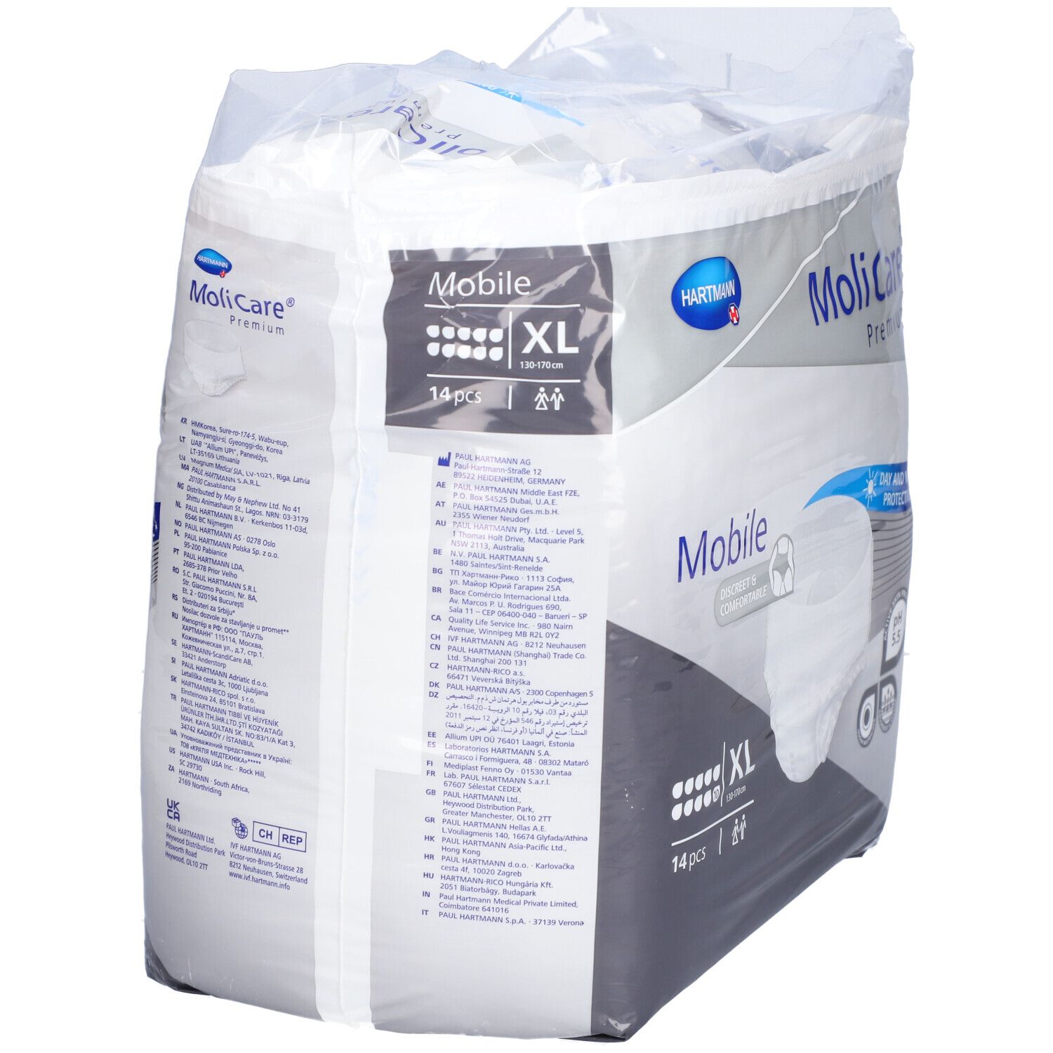 Verpackung MoliCare Premium Mobile, XL, 14 Stück. Tag- und Nachtschutz. Produktinformationen auf der Rückseite.
